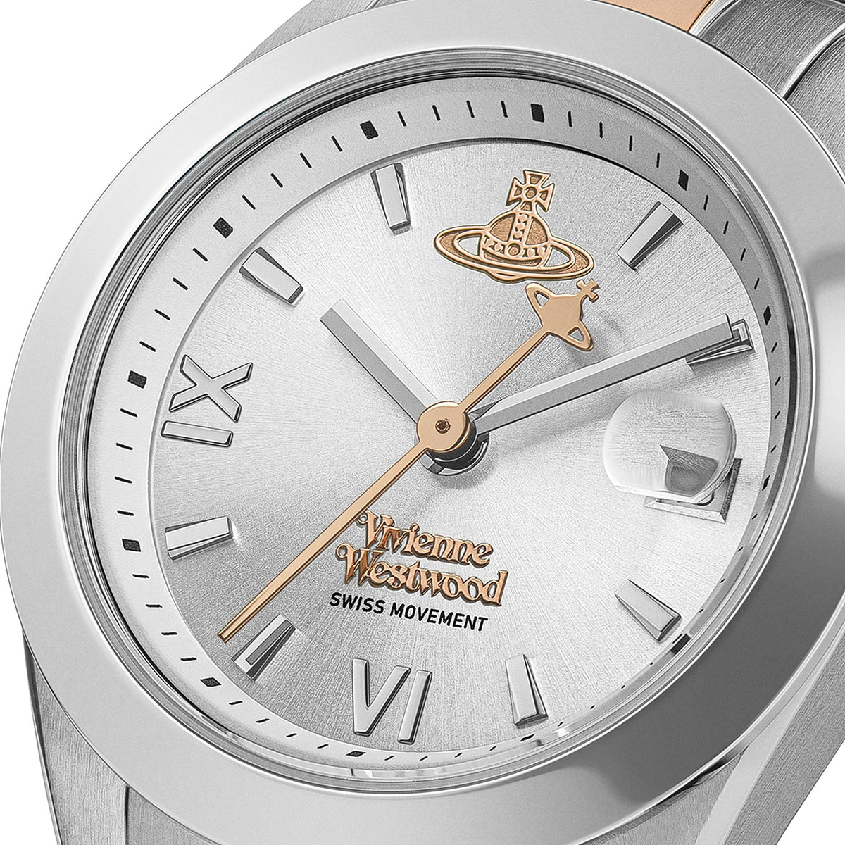 Vivienne Westwood Fenchurch dial detail showing Roman numerals, rose gold hands, and Vivienne Westwood logo