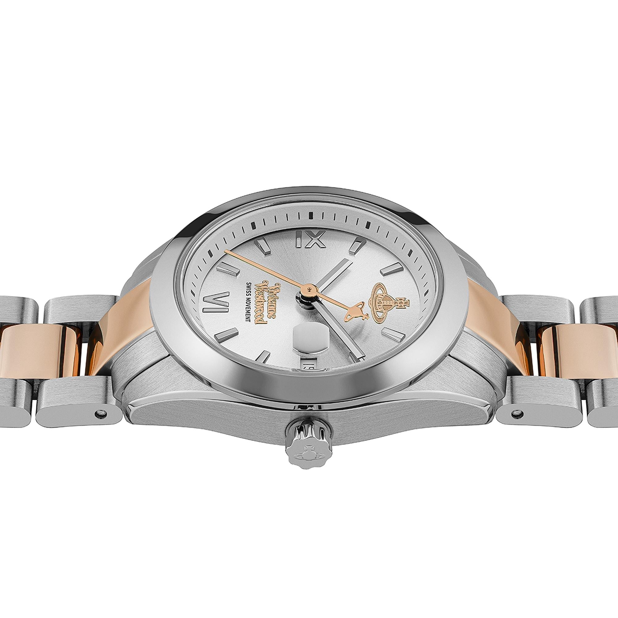 Vivienne Westwood Fenchurch ladies watch side view showing case profile and two-tone bracelet