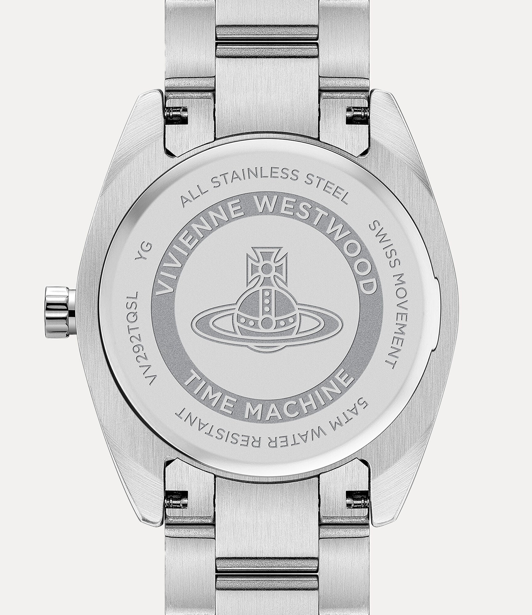 Vivienne Westwood Fenchurch caseback showing all stainless steel construction and Time Machine engraving