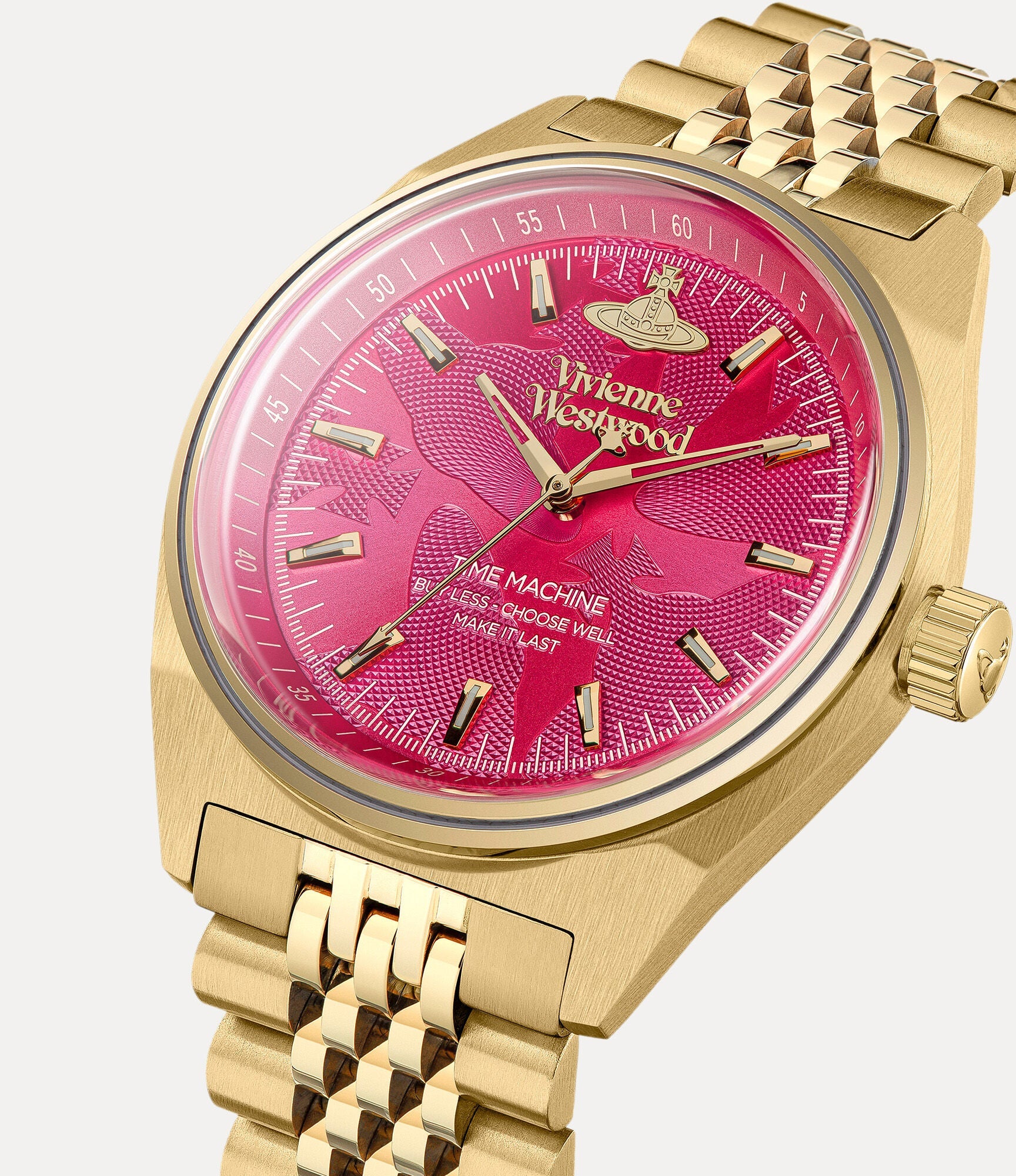 Angled view of Vivienne Westwood Lady Sydenham gold plated watch with hot pink dial