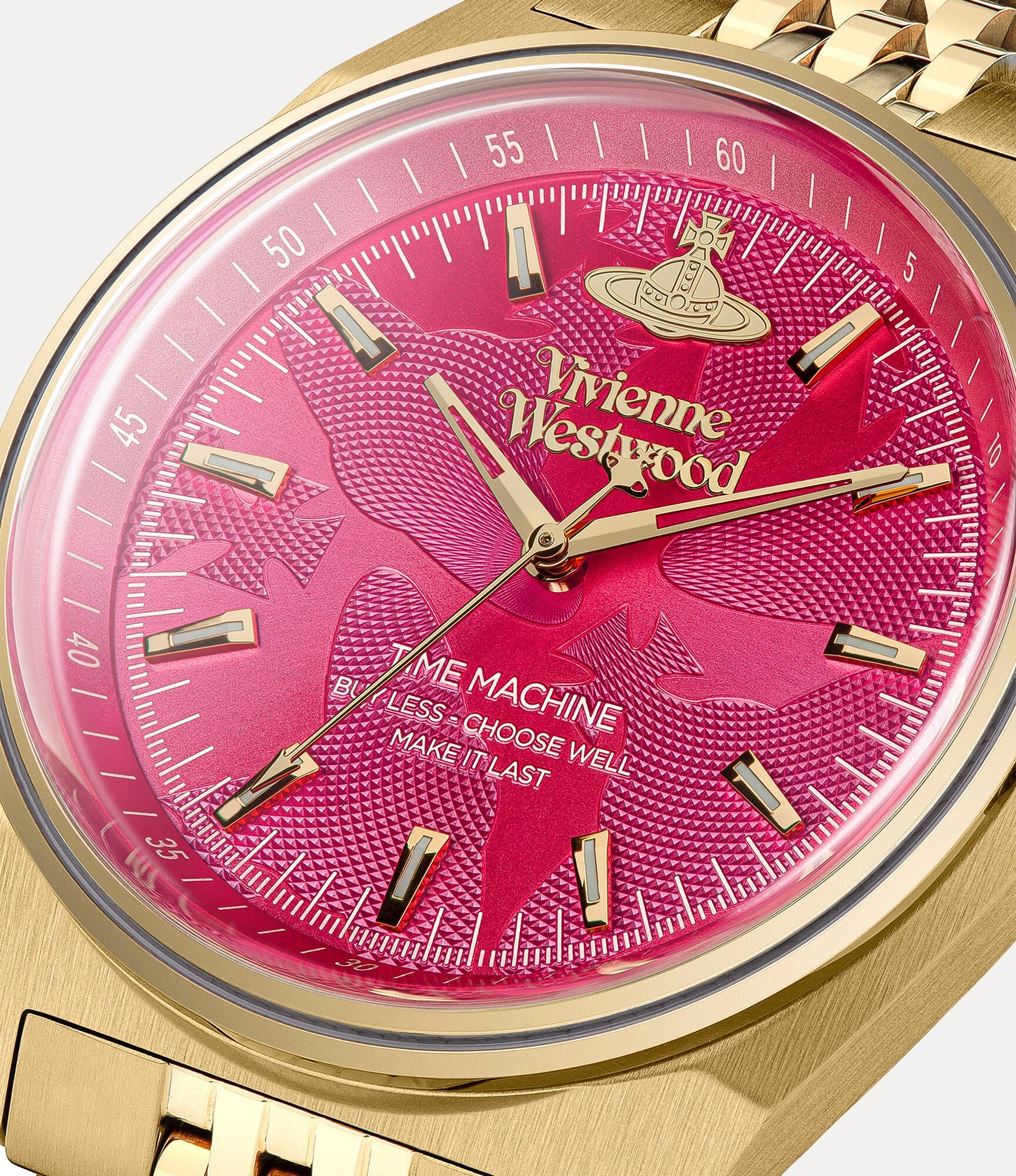 Close-up of Vivienne Westwood Lady Sydenham hot pink dial with Time Machine branding detail