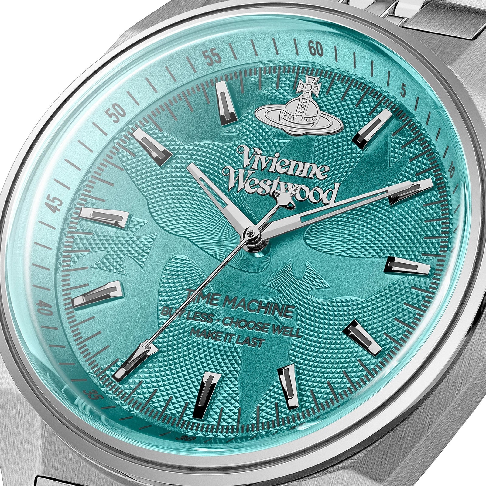 Vivienne Westwood Lady Sydenham dial detail showing turquoise face with Orb logo and markers