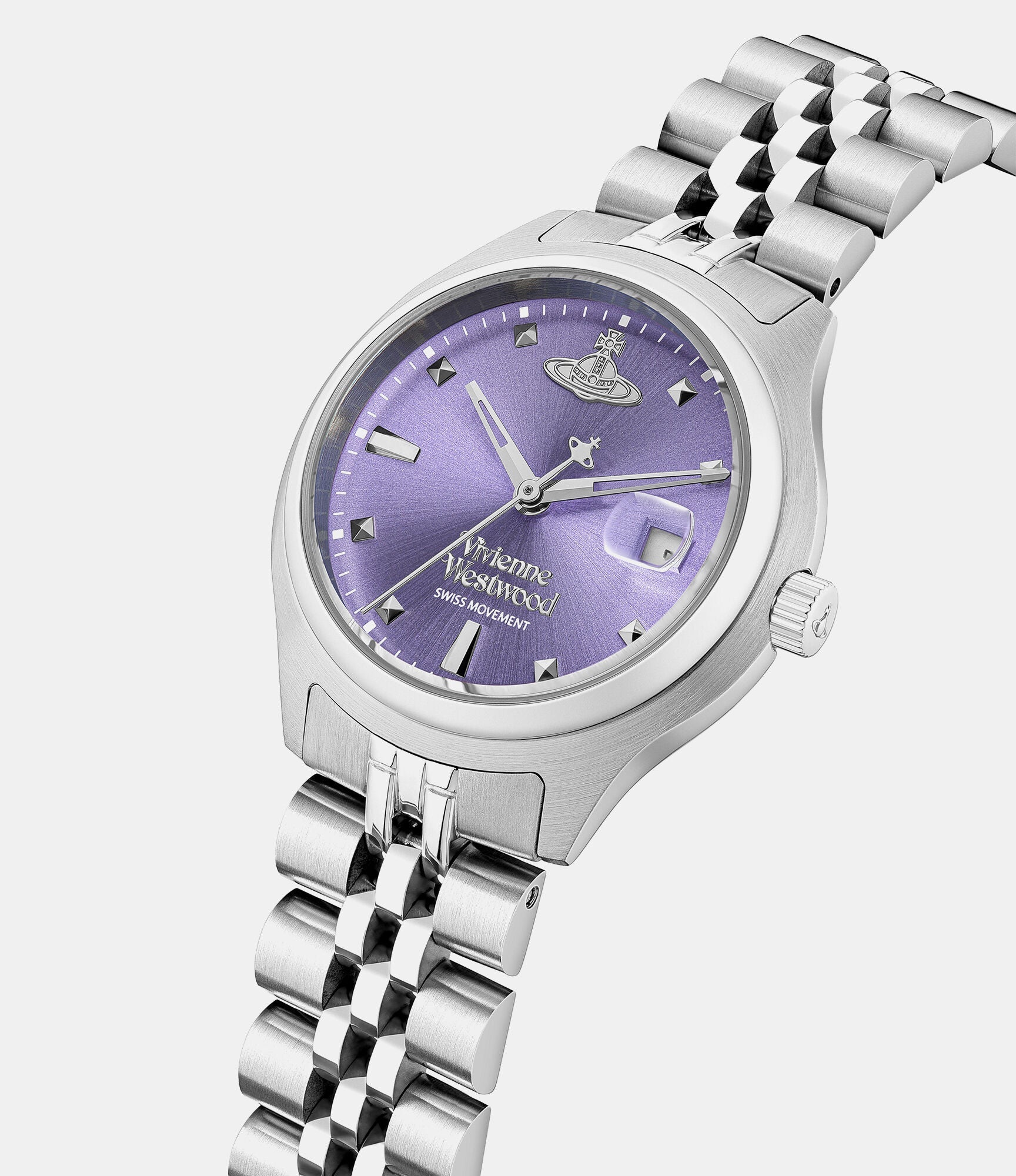 Vivienne Westwood Little Camberwell watch at angle showing purple dial and stainless steel bracelet