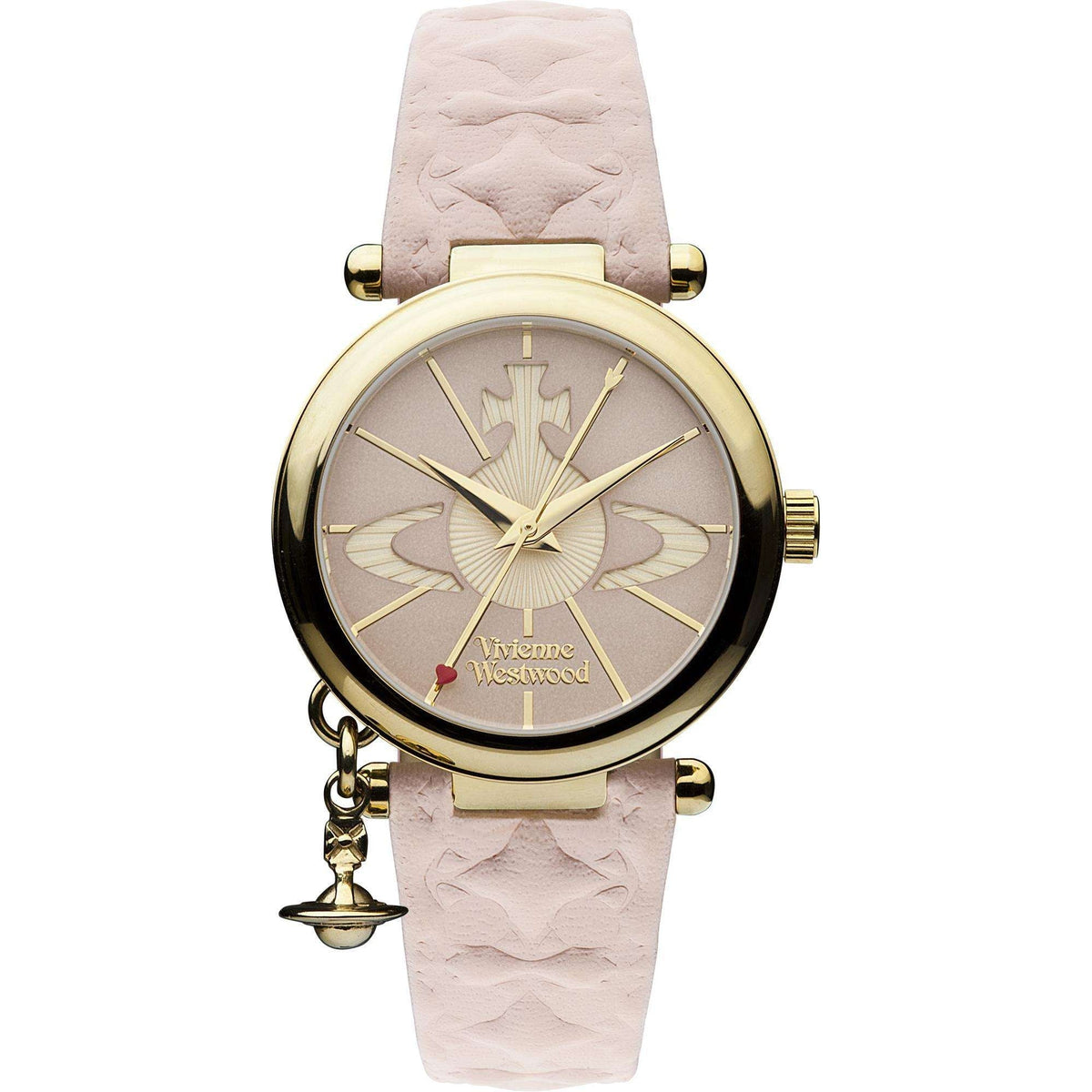 Vivienne Westwood Orb II quartz watch with pink leather strap and gold PVD case, featuring iconic orb dial with orb charm