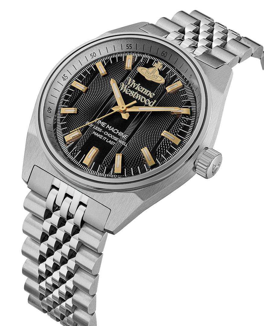 Angled view of Vivienne Westwood Orb Pop watch showing stainless steel bracelet and case