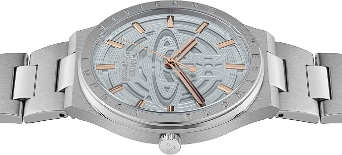 Side view of Vivienne Westwood Orb Pop watch showing case profile and stainless steel bracelet