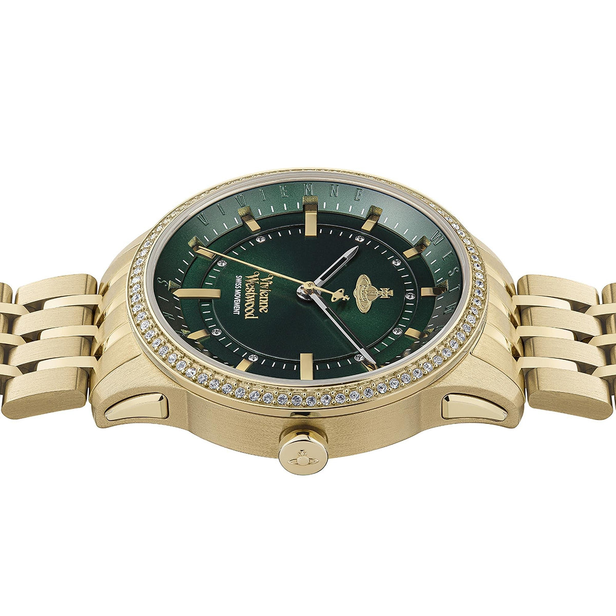 Angled view of gold-tone bracelet and crystal bezel with green and black layered dial