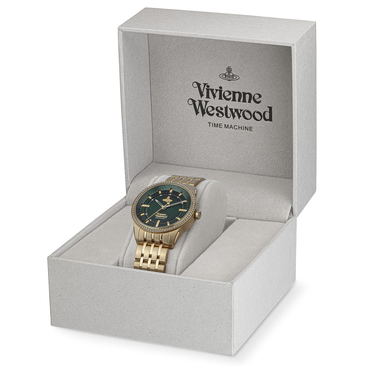 Vivienne Westwood Time Machine gift box containing the gold-tone Orb Pop watch