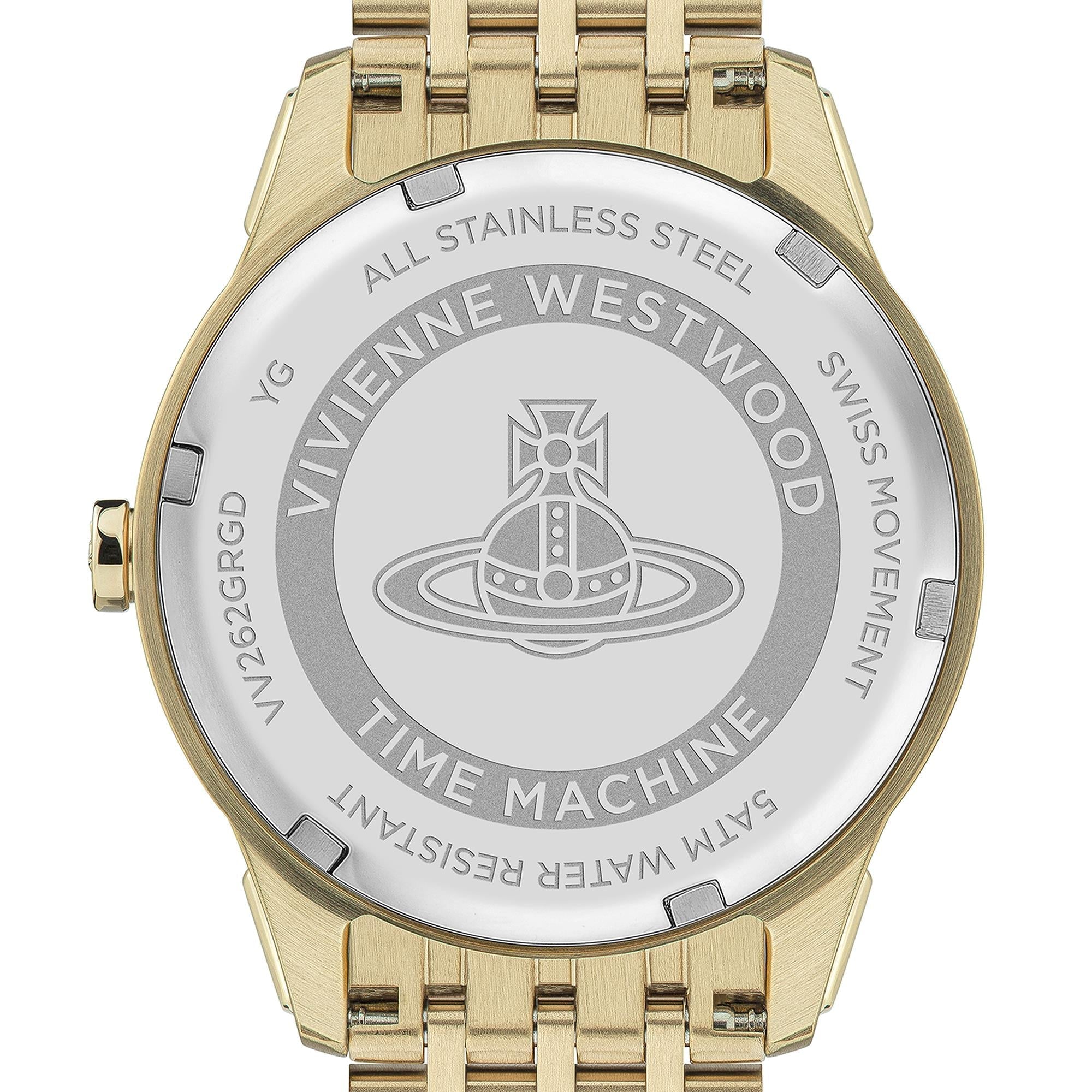 Stainless steel caseback engraved with Vivienne Westwood Orb logo and model number VV262GRD