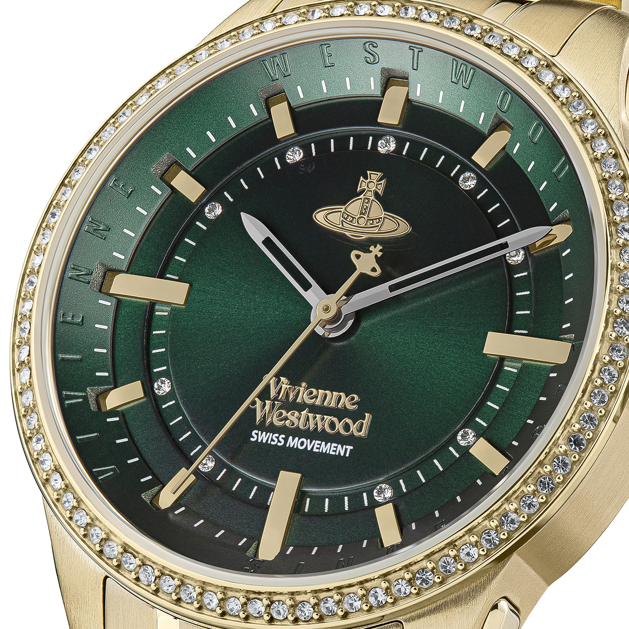Close-up of dial featuring Orb logo, hour markers, and Vivienne Westwood branding