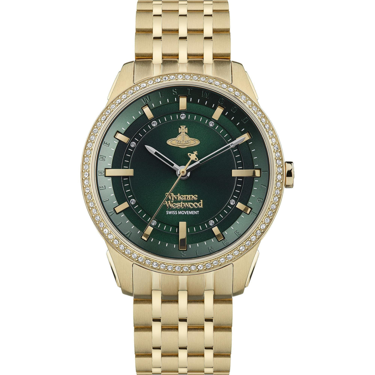 Vivienne Westwood Orb Pop gold-tone women's watch with green dial and crystal-set bezel