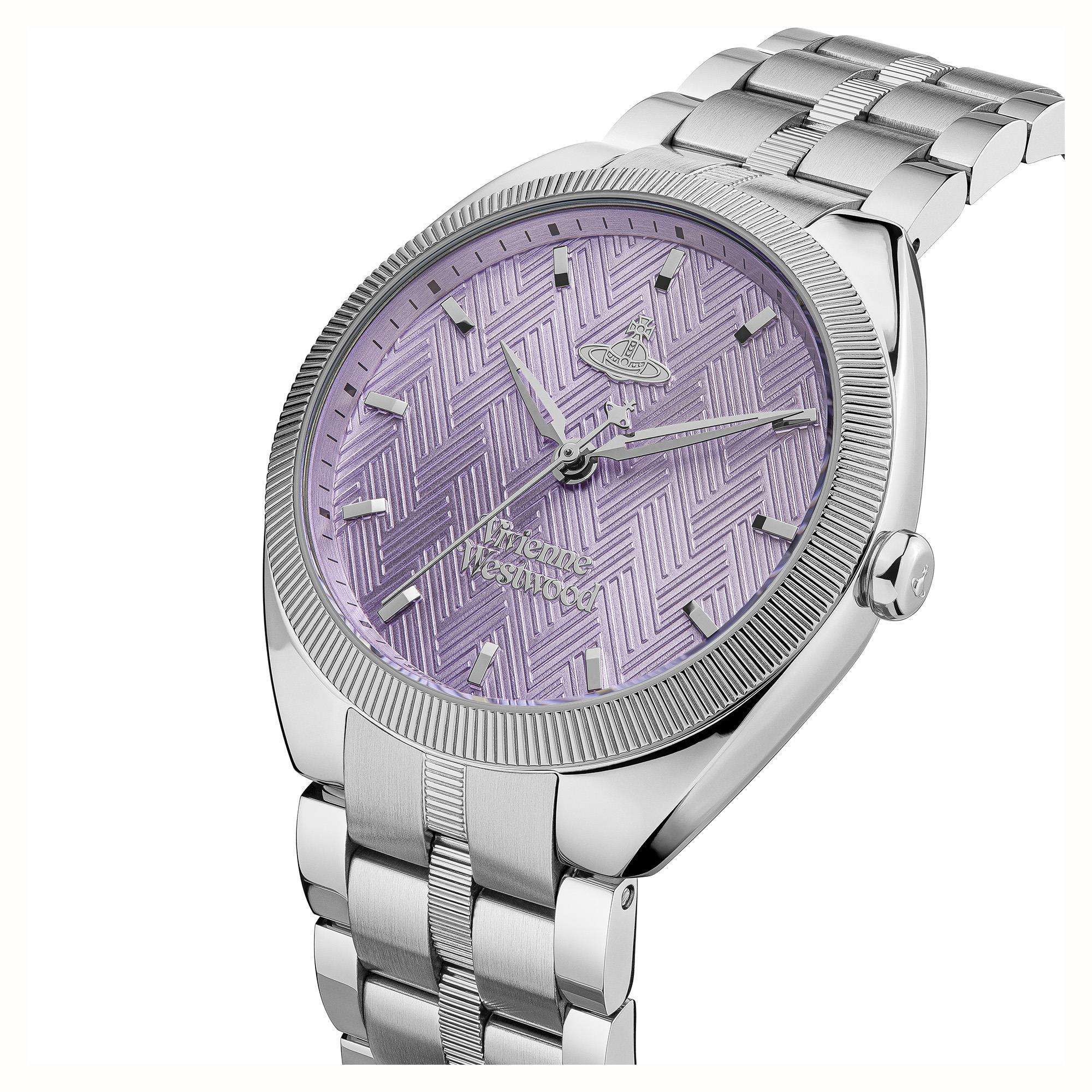 Vivienne Westwood Orb Pop watch with lavender dial and silver metal bracelet at angle