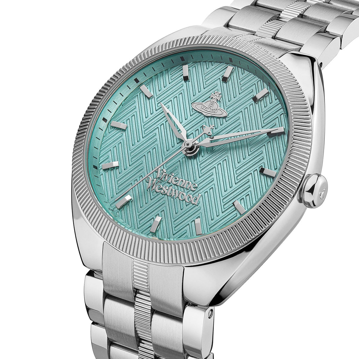Vivienne Westwood Orb Pop turquoise dial watch with stainless steel bracelet, angled view