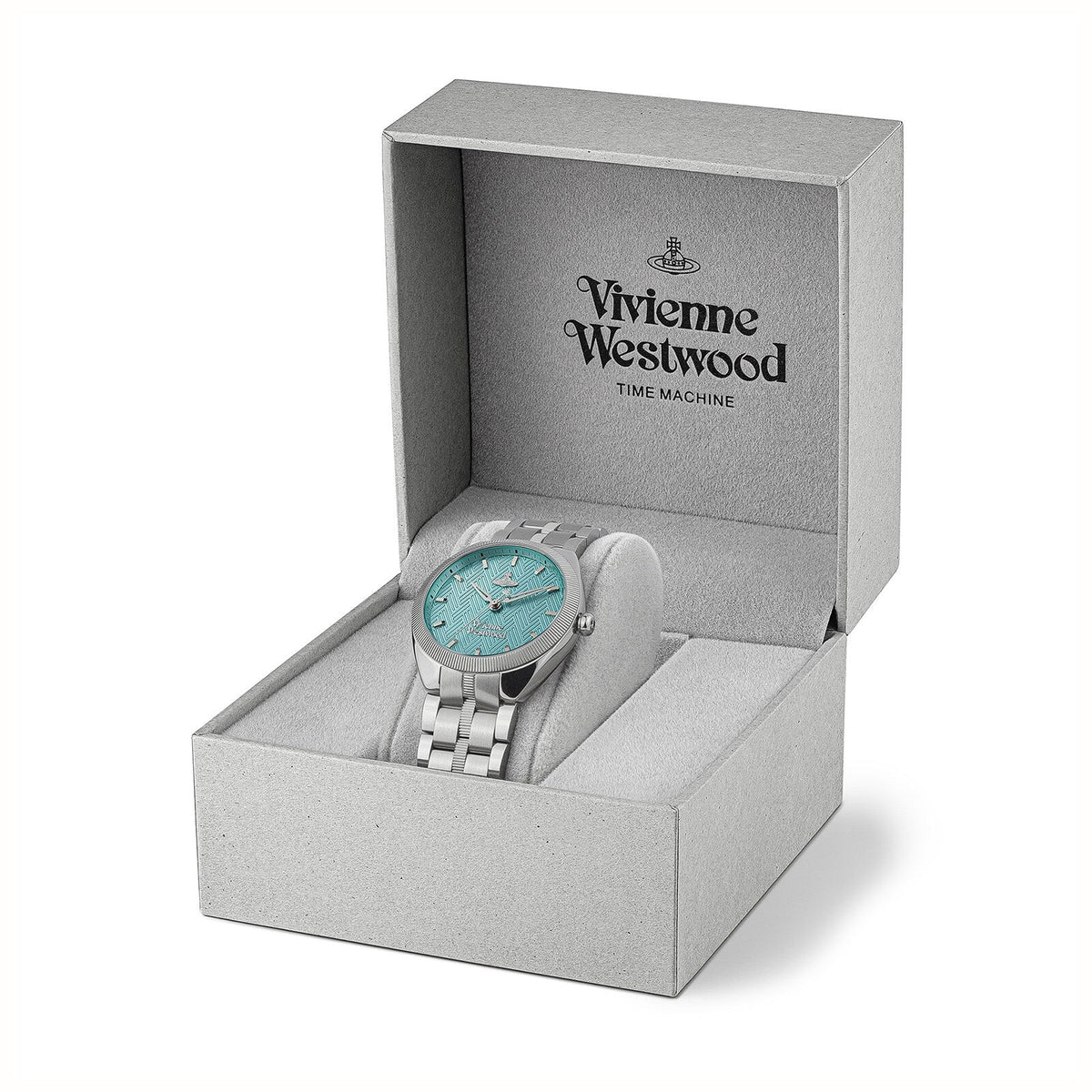 Vivienne Westwood Orb Pop watch in branded gift box with turquoise dial visible