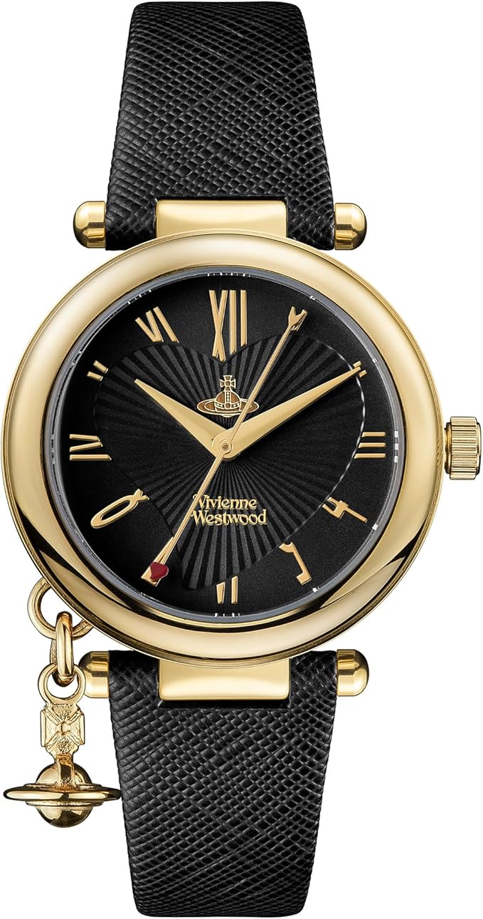 Vivienne Westwood Orb watch with gold case, black dial, Roman numerals, and black leather strap