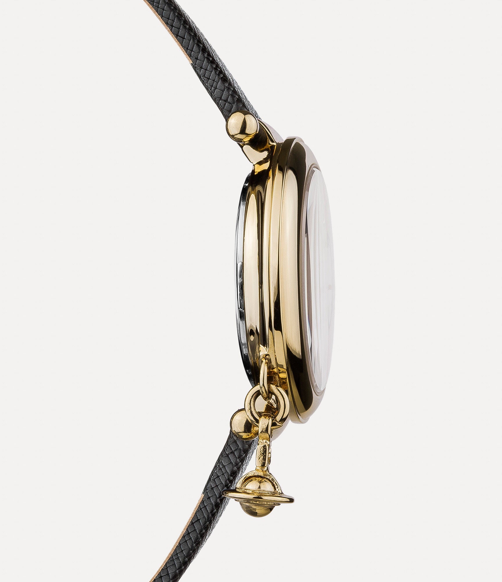 Vivienne Westwood Orb watch side profile showing gold case, black leather strap, and orb charm