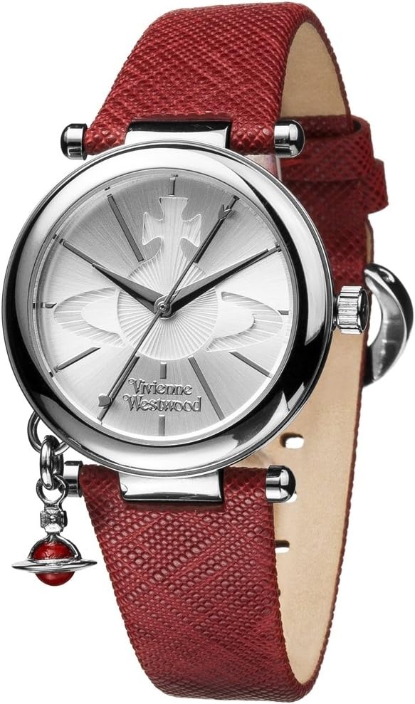 Vivienne Westwood Orb watch on wrist showing red strap and silver case