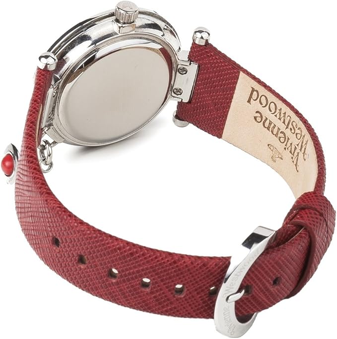 Red leather strap detail with adjustment holes and branded keeper loop