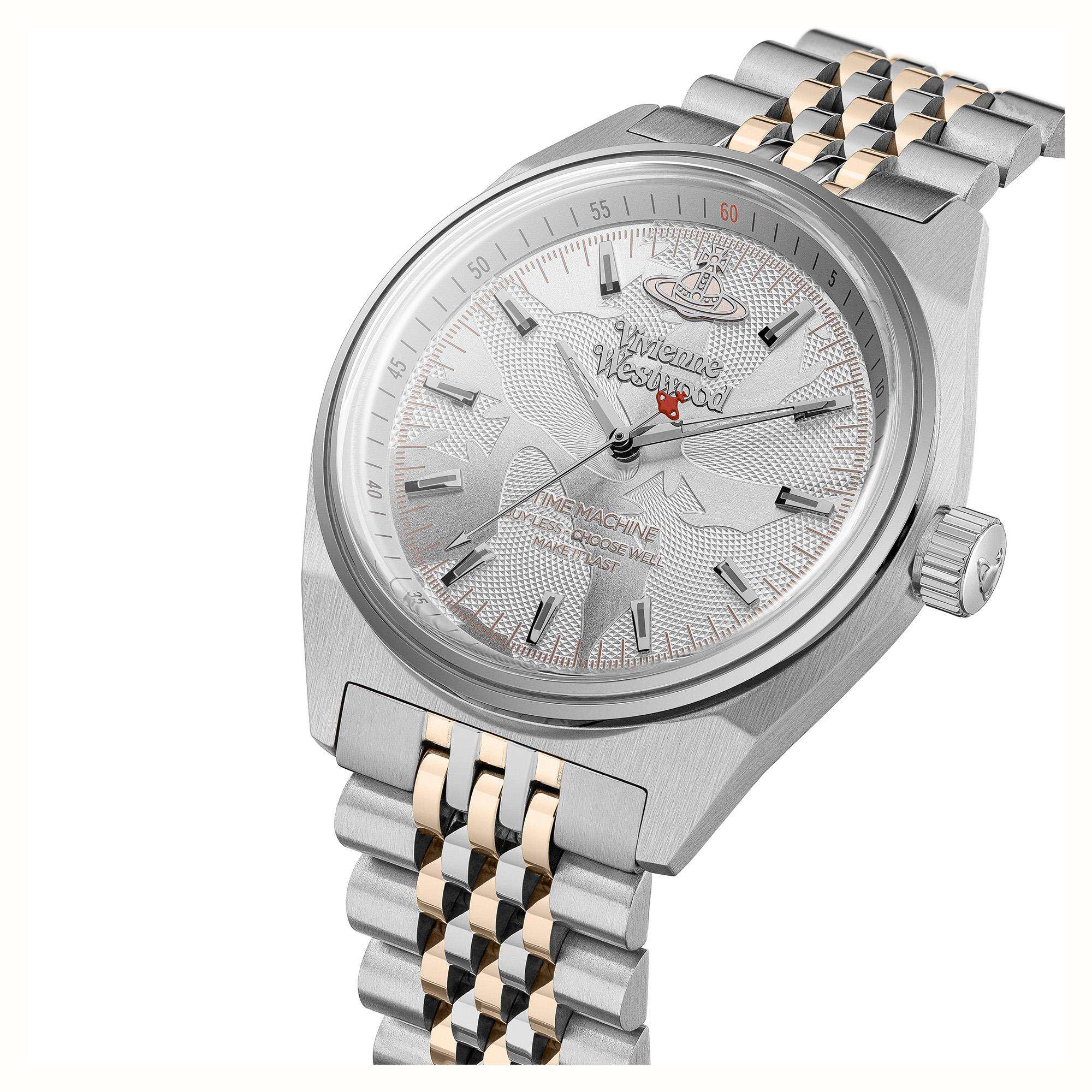 Vivienne Westwood Orb watch angled view showing silver dial and two-tone bracelet