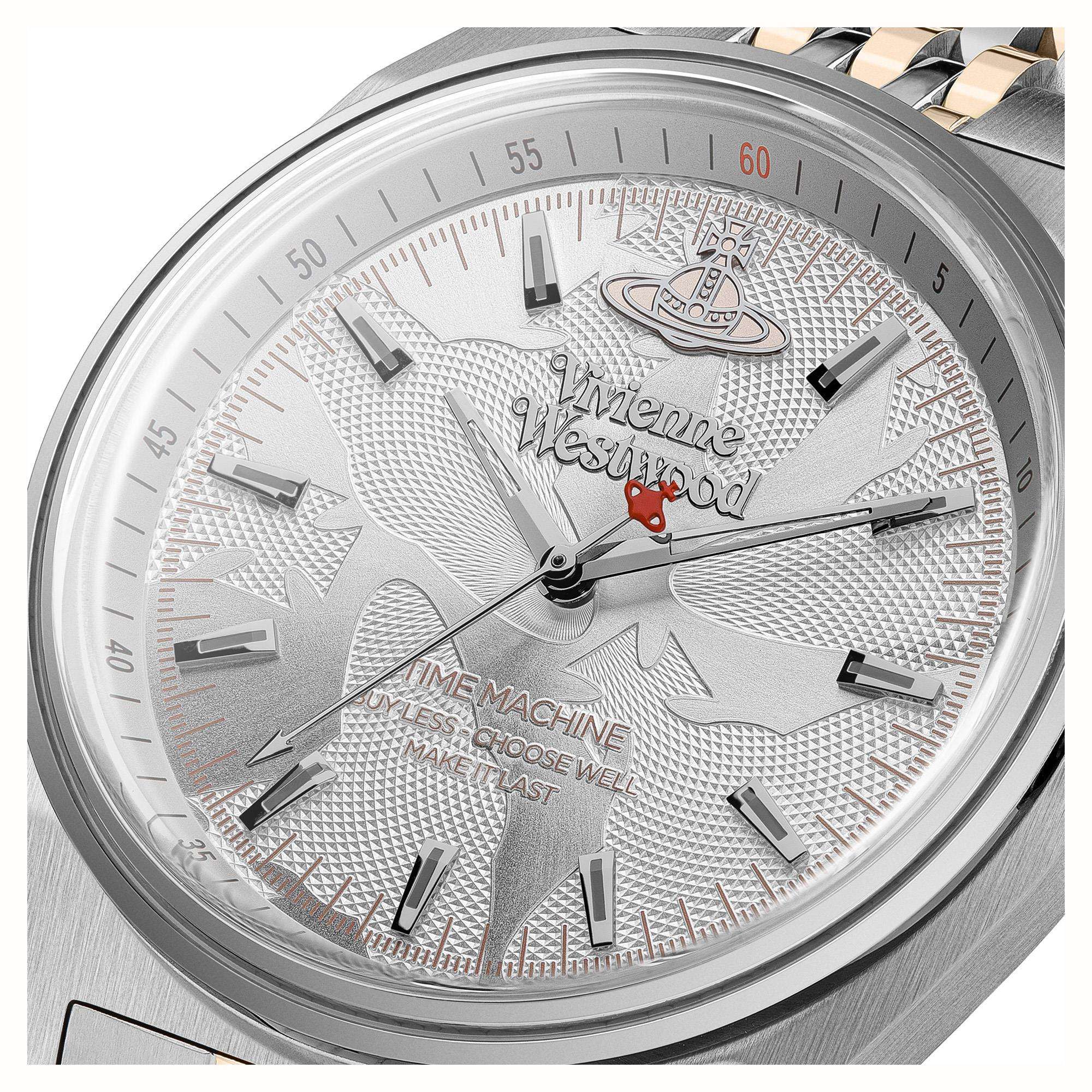 Close-up of Vivienne Westwood Orb dial featuring logo and Time Machine text