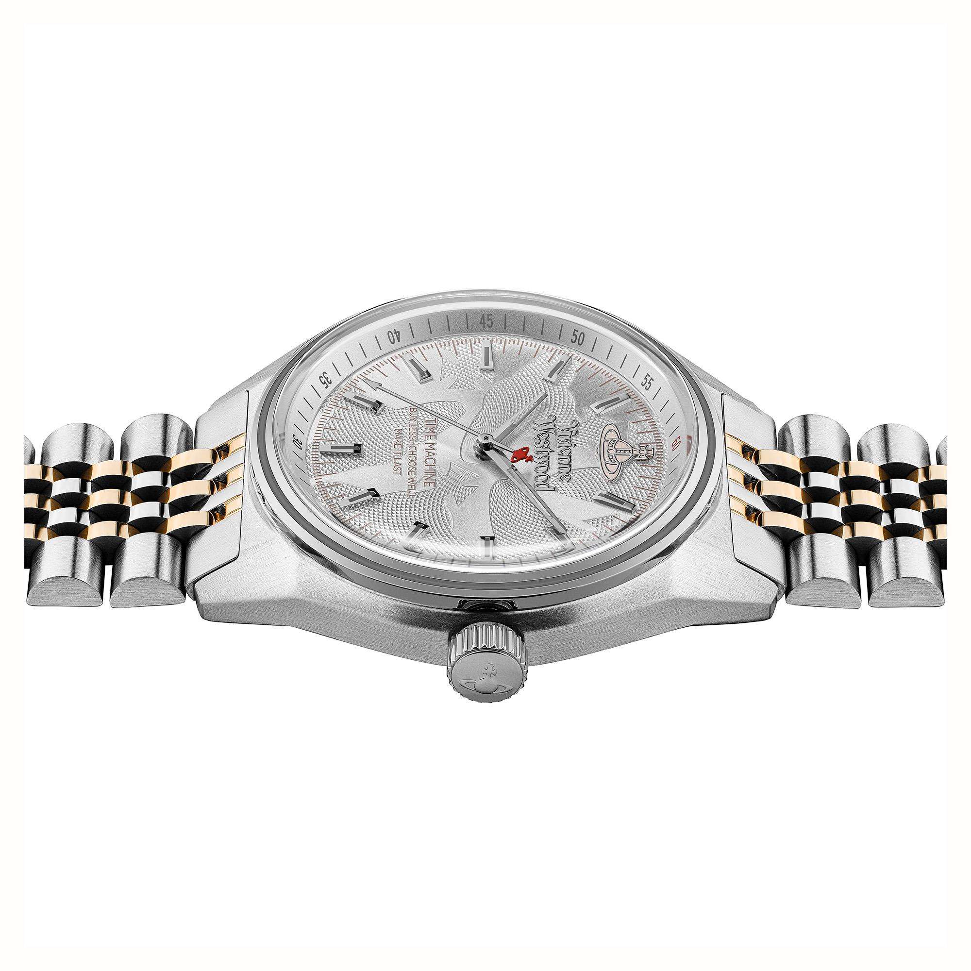 Side view of Vivienne Westwood Orb watch with two-tone stainless steel bracelet