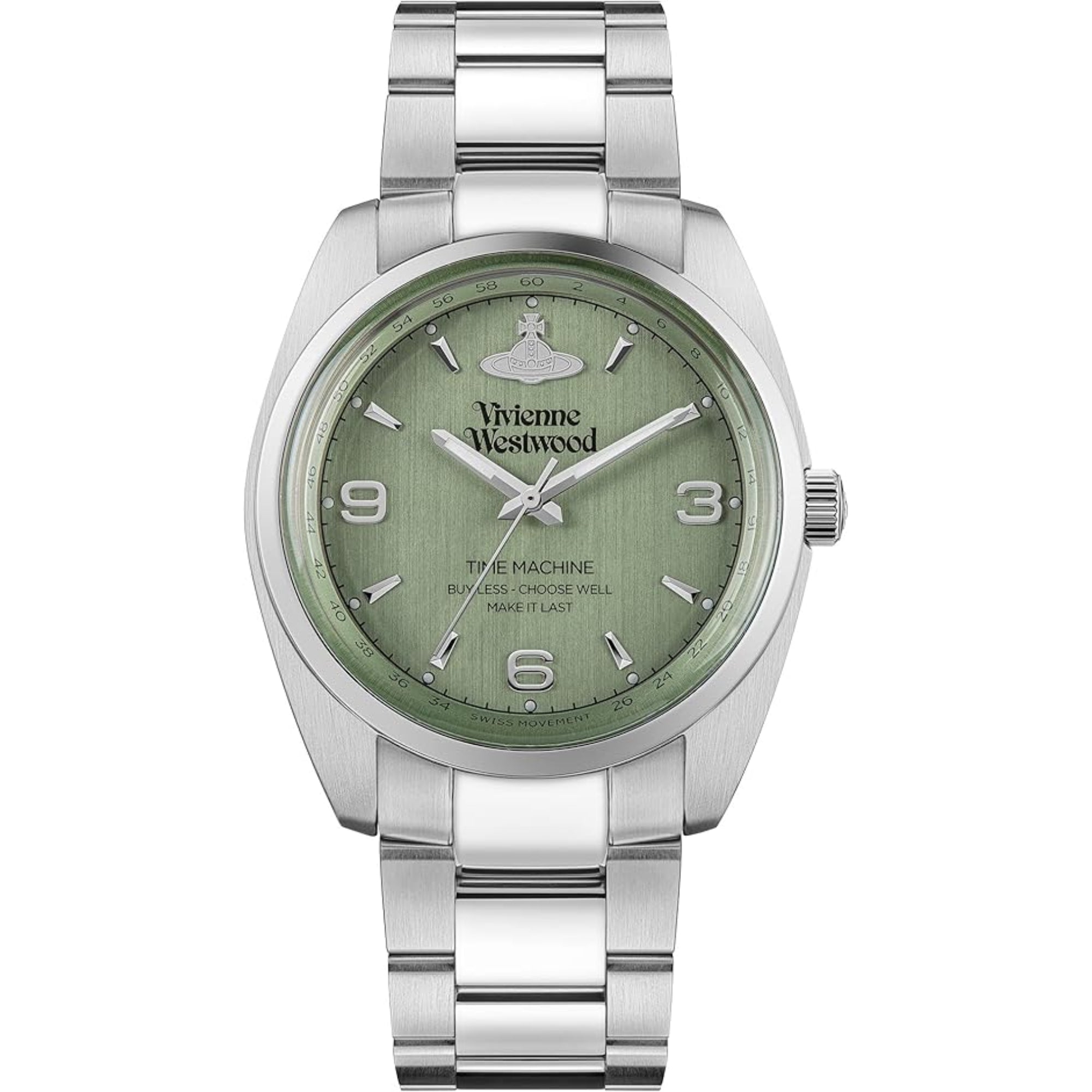 Vivienne Westwood Pennington watch with green dial and stainless steel bracelet
