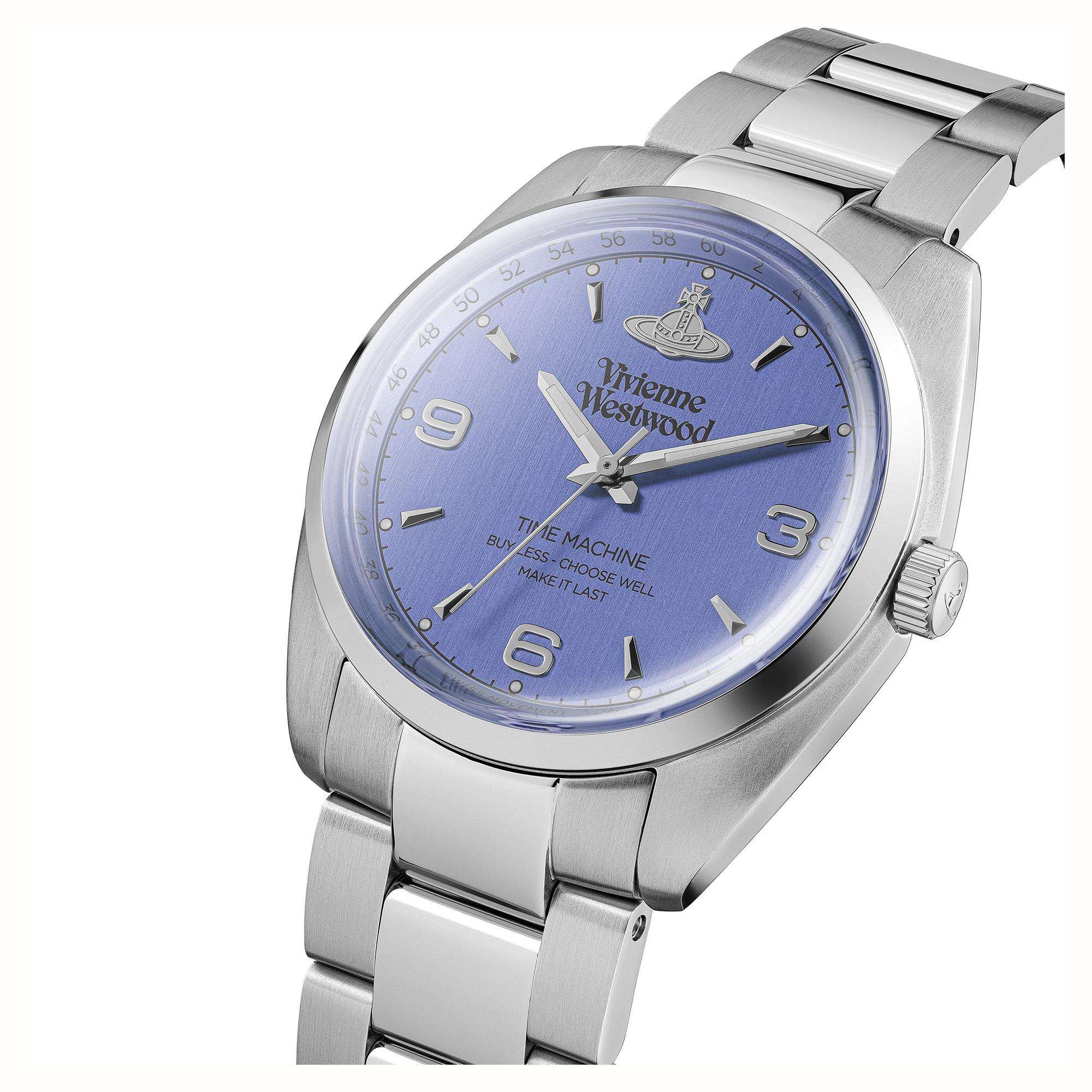 Vivienne Westwood Pennington blue dial watch at angle with metal bracelet