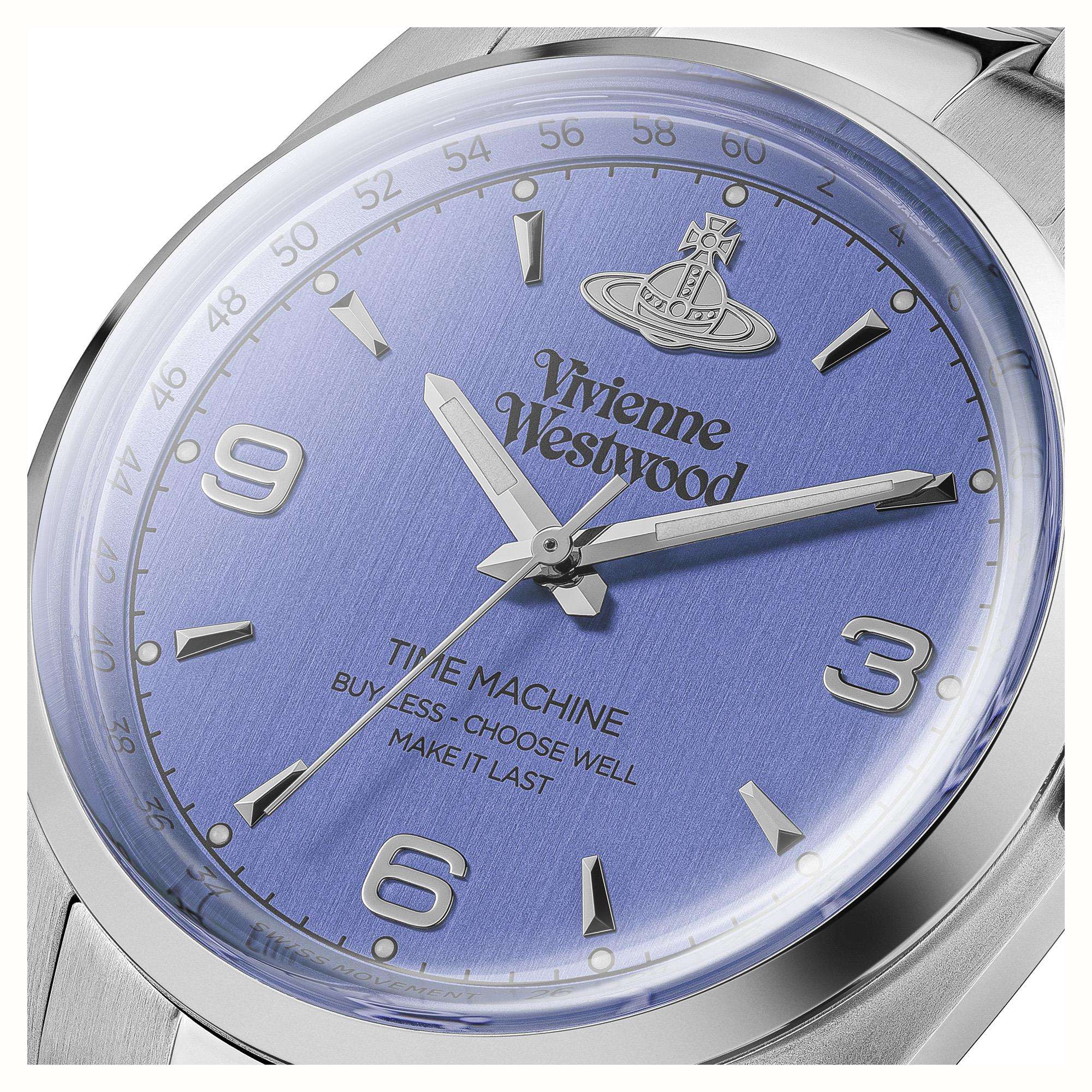 Close-up of Pennington blue dial with Arabic numerals and Vivienne Westwood logo