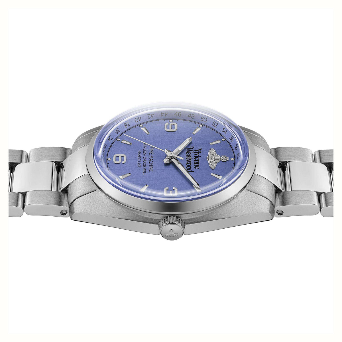 Vivienne Westwood Pennington watch side profile showing case and stainless steel strap