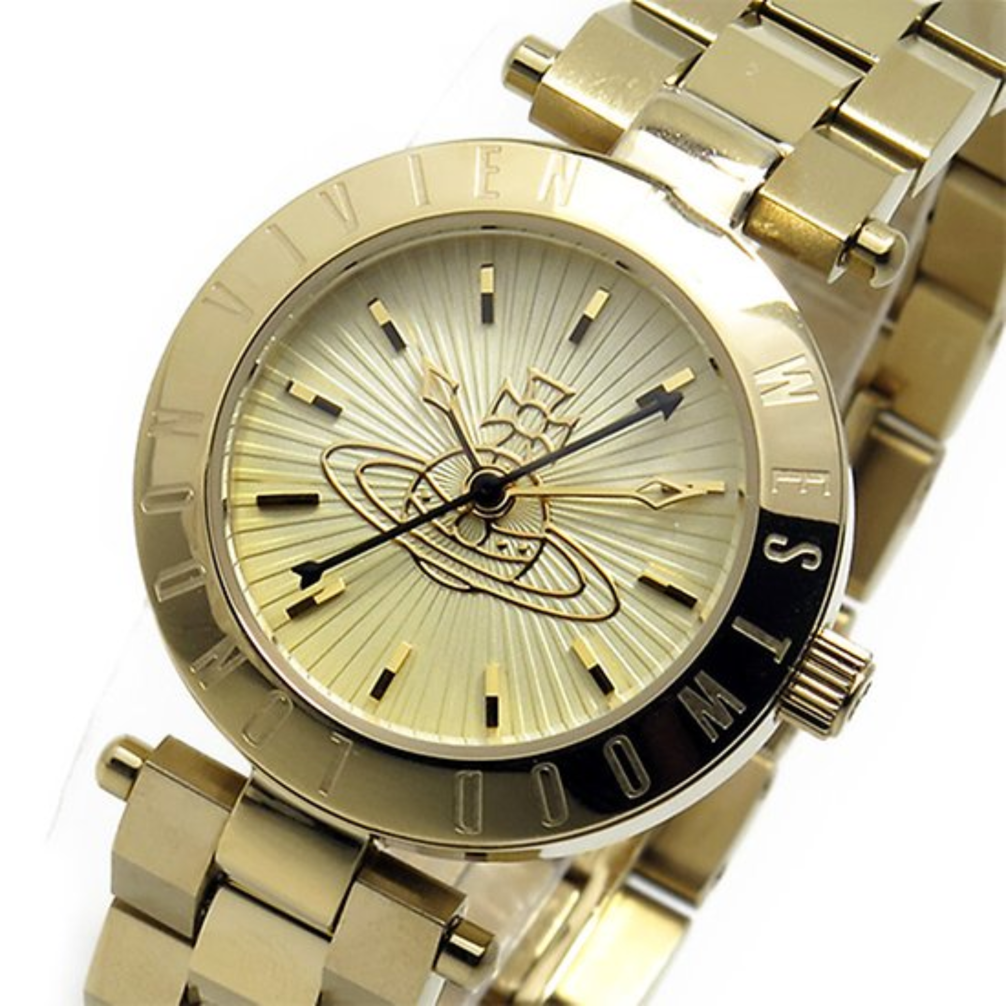 Angled view of Vivienne Westwood Sudbury watch showing gold dial and bezel detail
