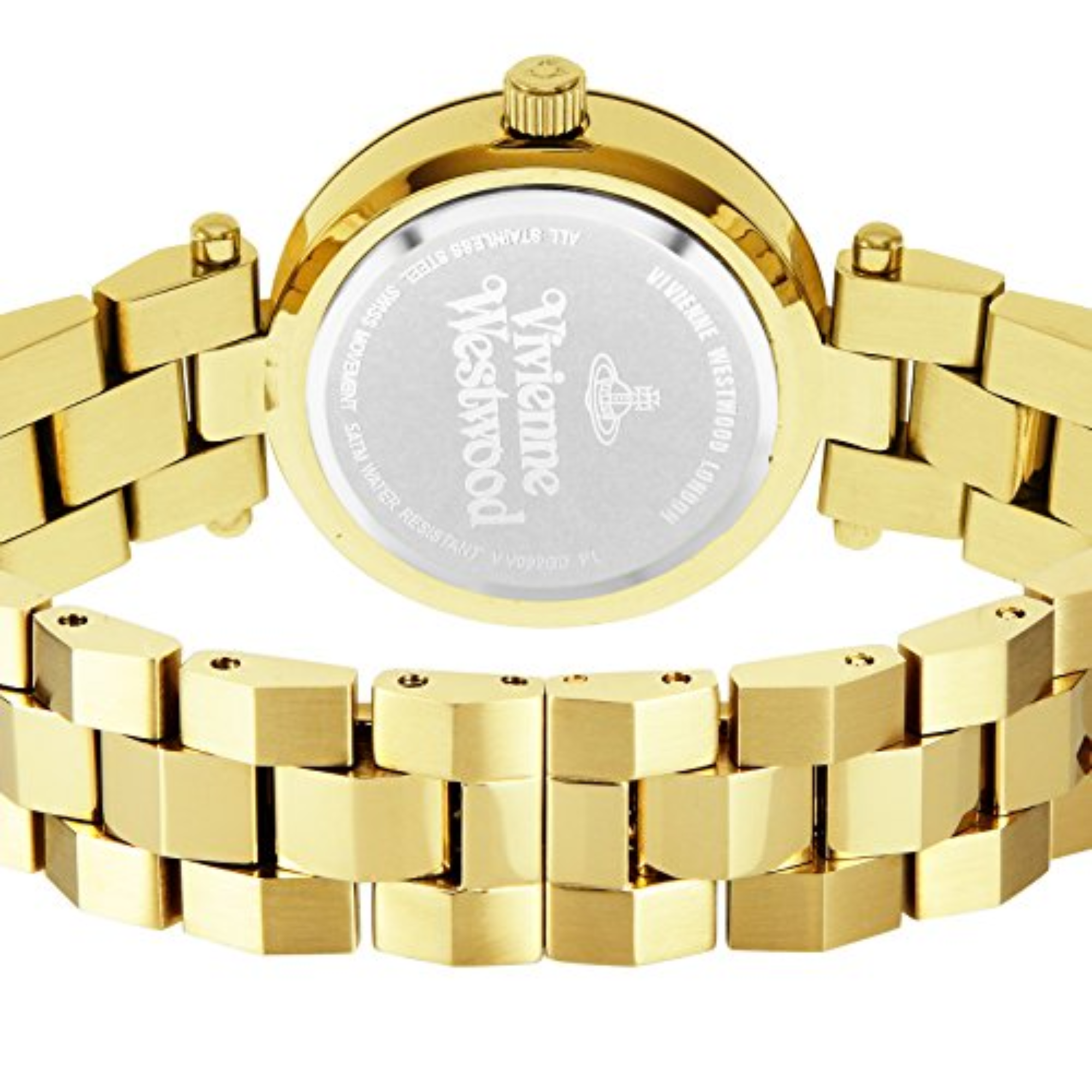 Caseback of Vivienne Westwood Sudbury watch with gold-plated steel bracelet