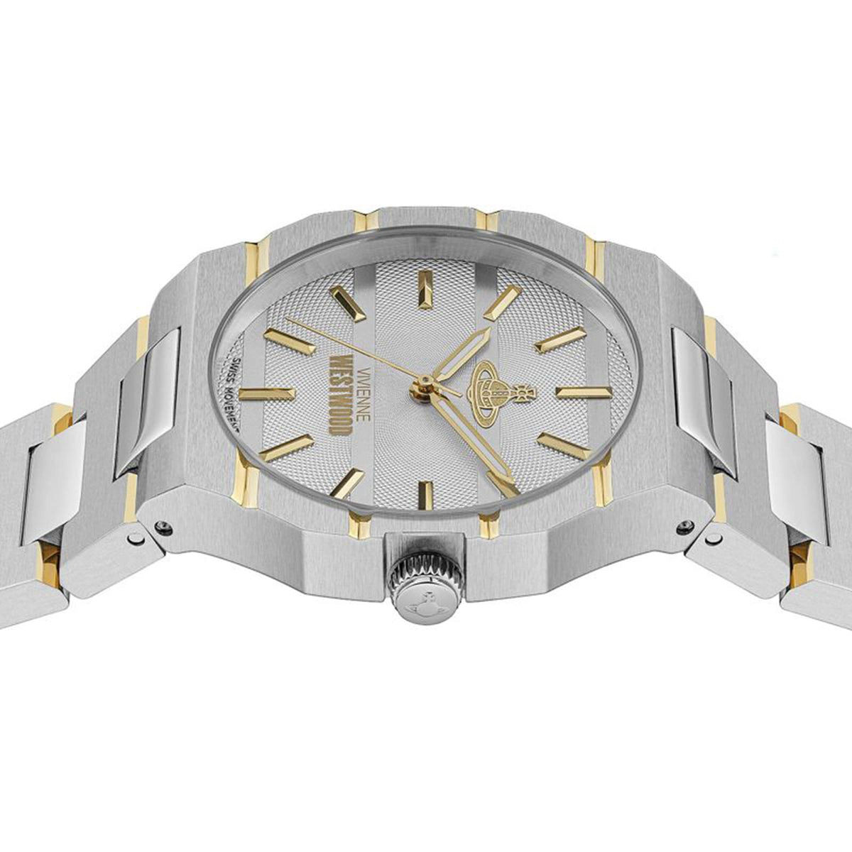Angled view of The Bank watch showing two-tone steel case and bracelet design