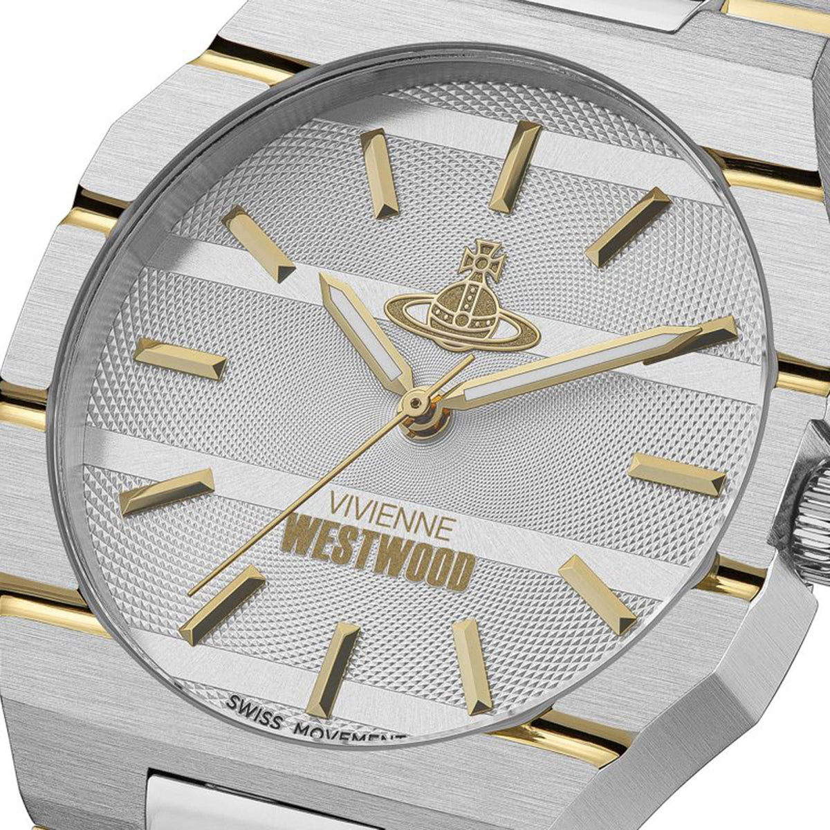 Close-up of grey dial showing Vivienne Westwood branding, orb logo and gold hour markers