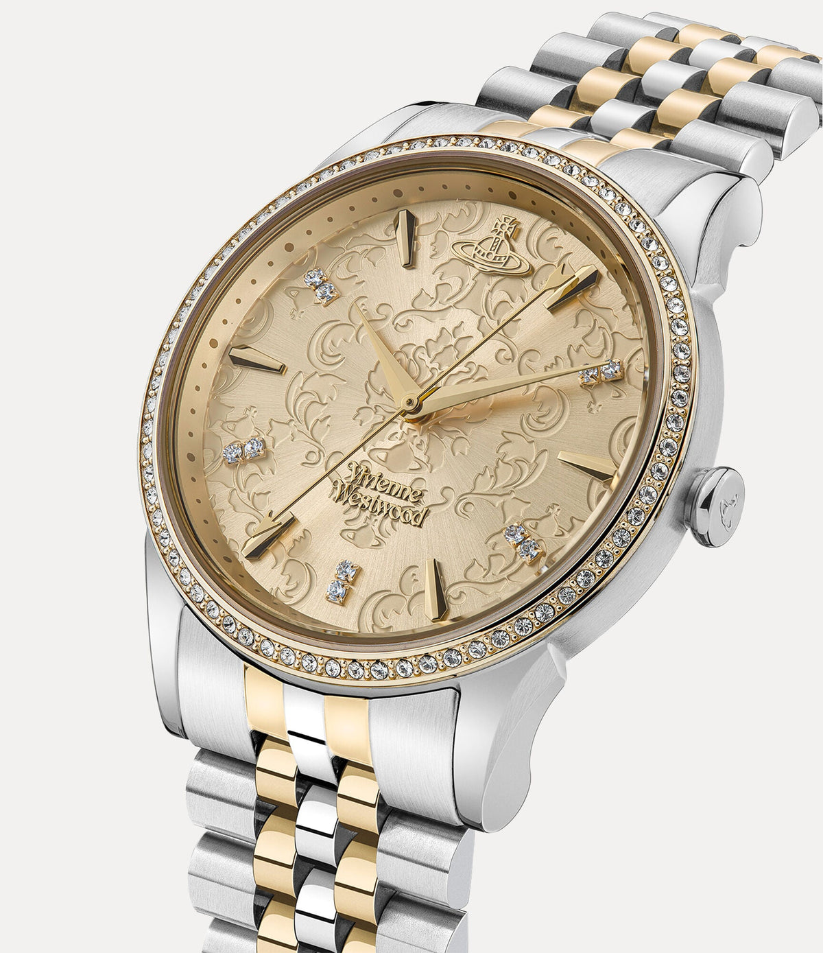 Vivienne Westwood VV208CPSG watch angled view showing two-tone bracelet and crystal bezel