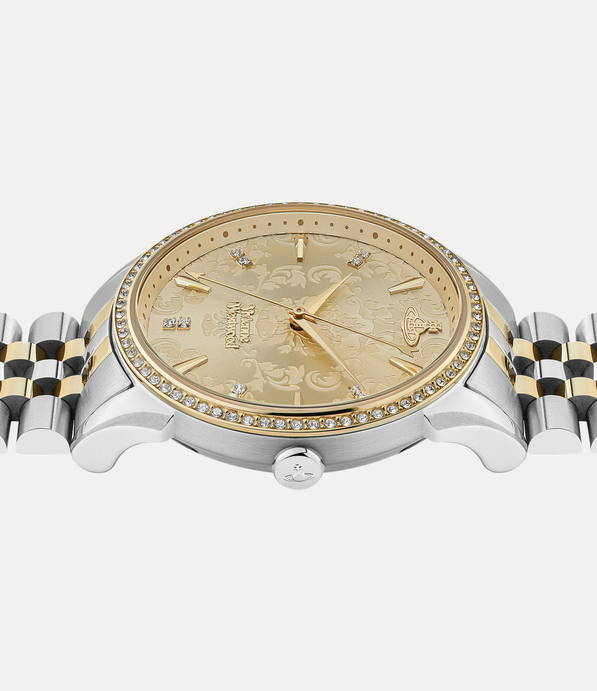 Vivienne Westwood VV208CPSG watch side profile showing case and two-tone bracelet