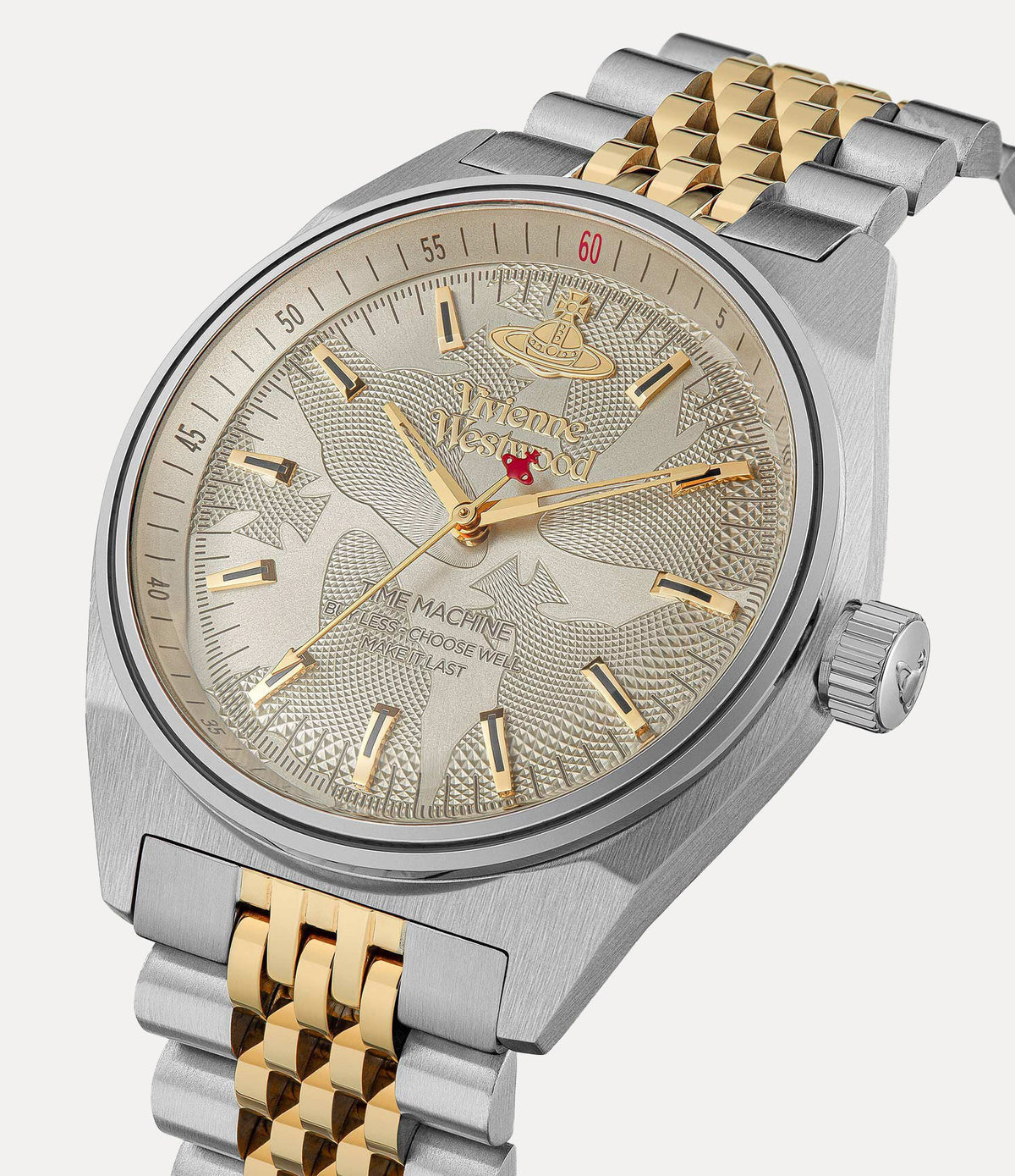 VV251WGSG watch at angle with cream dial, gold indices, and two-tone bracelet
