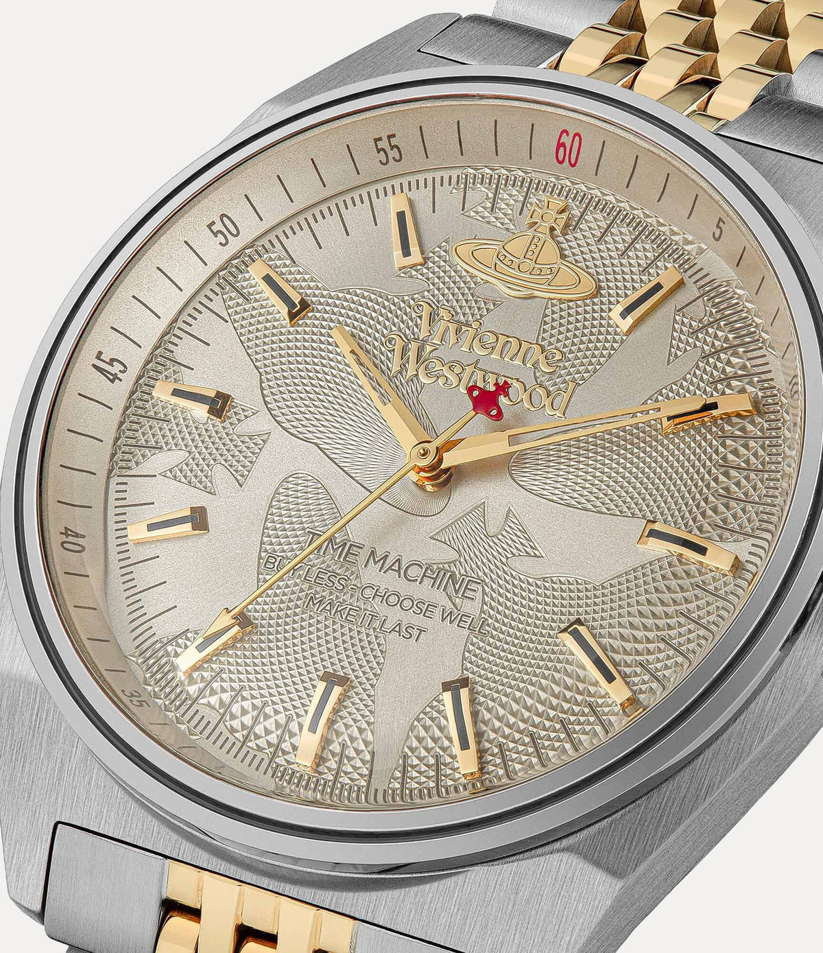 VV251WGSG dial detail with Vivienne Westwood logo, cream face, and gold markers