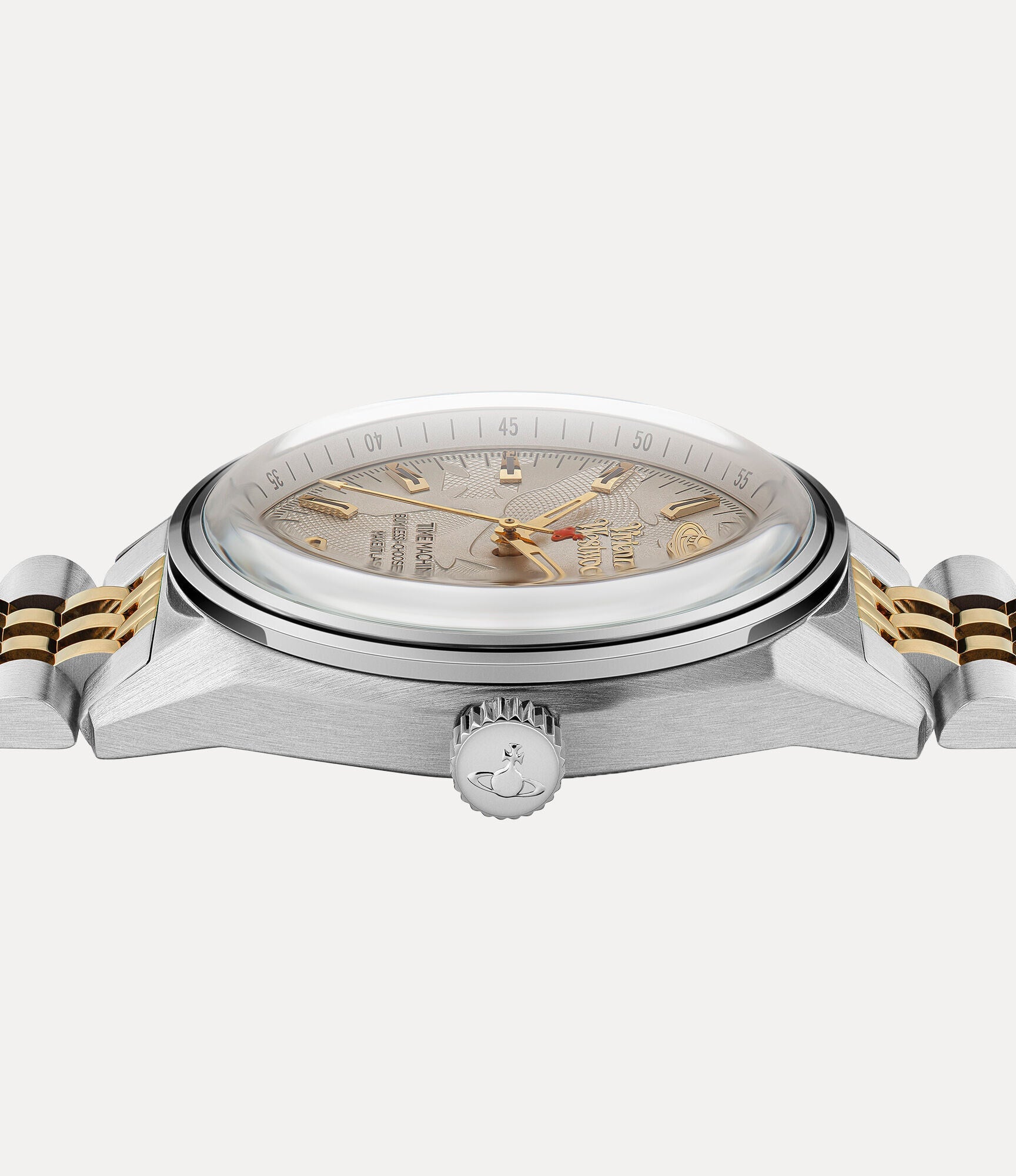 VV251WGSG watch side view showing case profile and two-tone metal bracelet