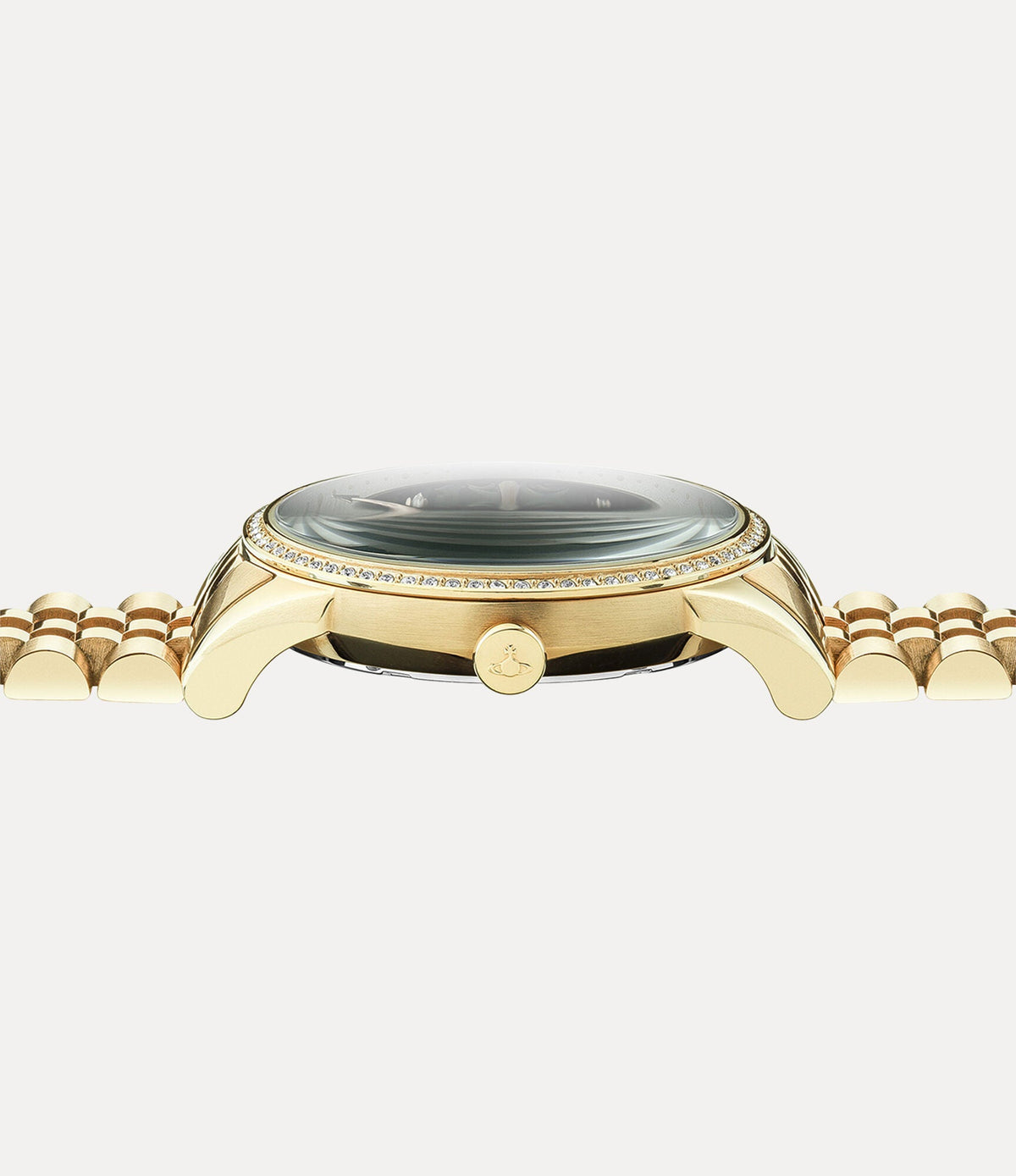 Watch case and bracelet profile showing depth and crystal-set bezel detail
