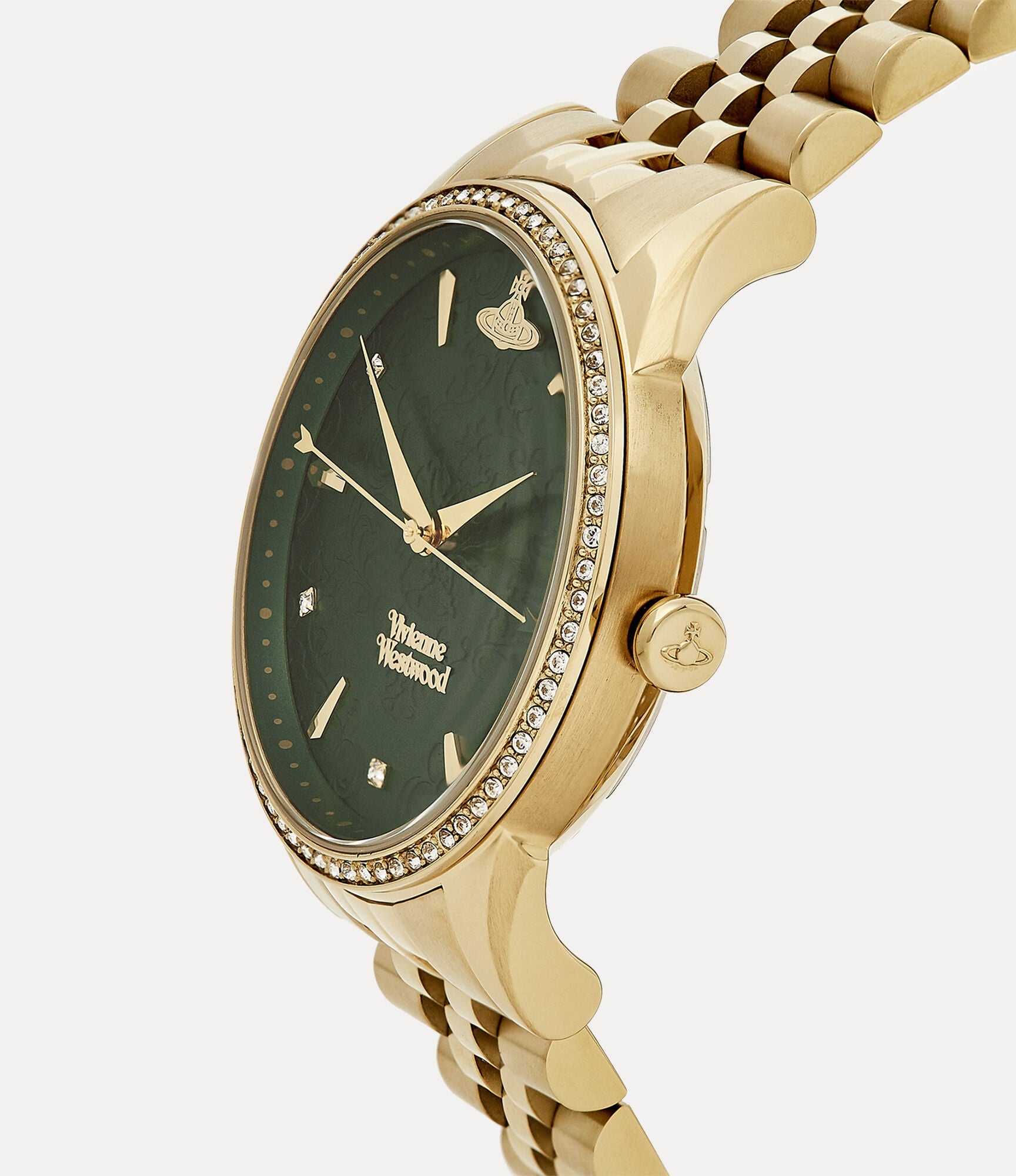 Gold-tone The Wallace watch shown from side angle with green dial