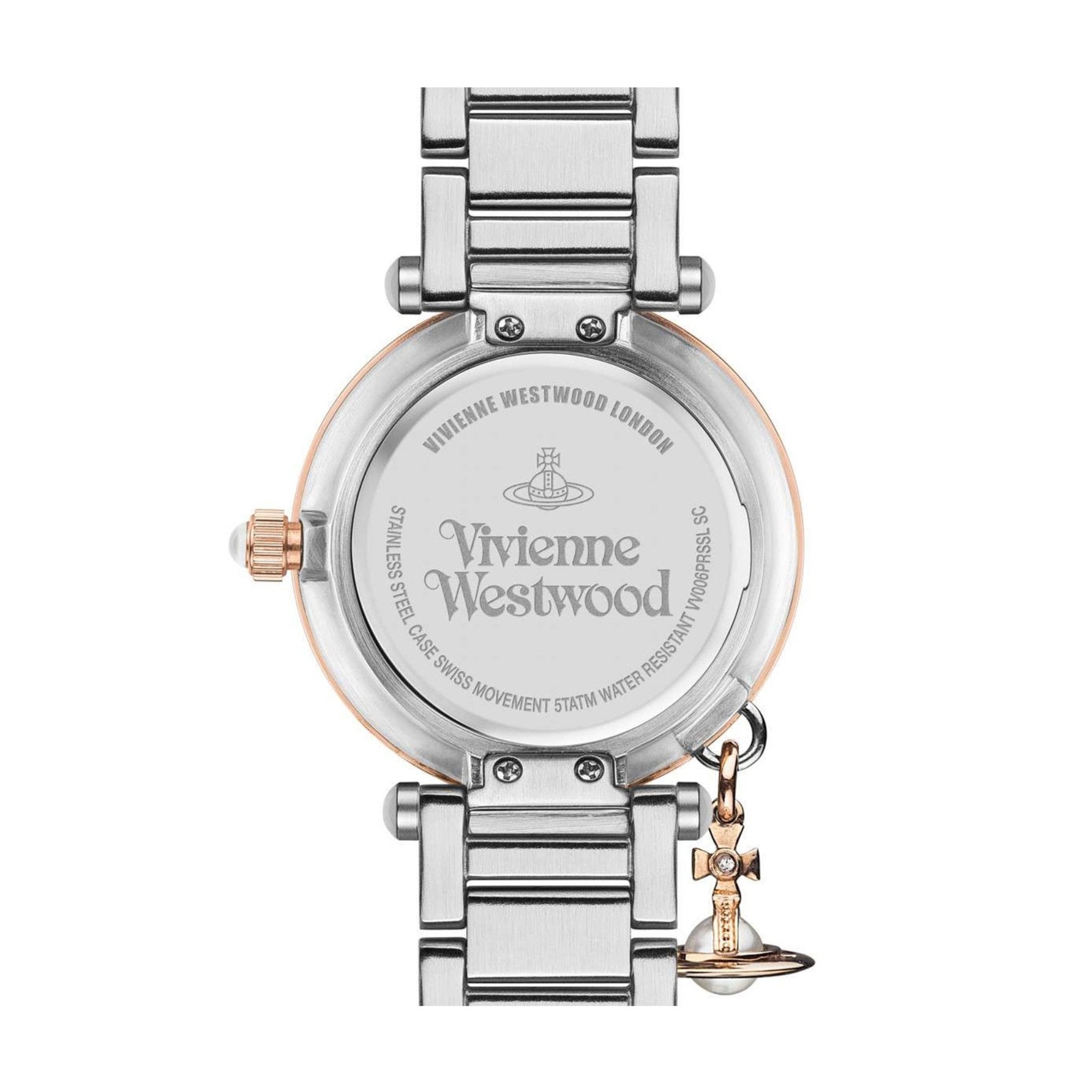 Caseback of Vivienne Westwood Mother Orb watch VV006PRSSL with engraved Vivienne Westwood branding and orb charm attachment
