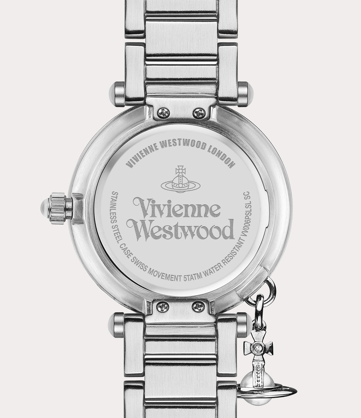 Mother Orb caseback engraved with Vivienne Westwood branding and Orb charm