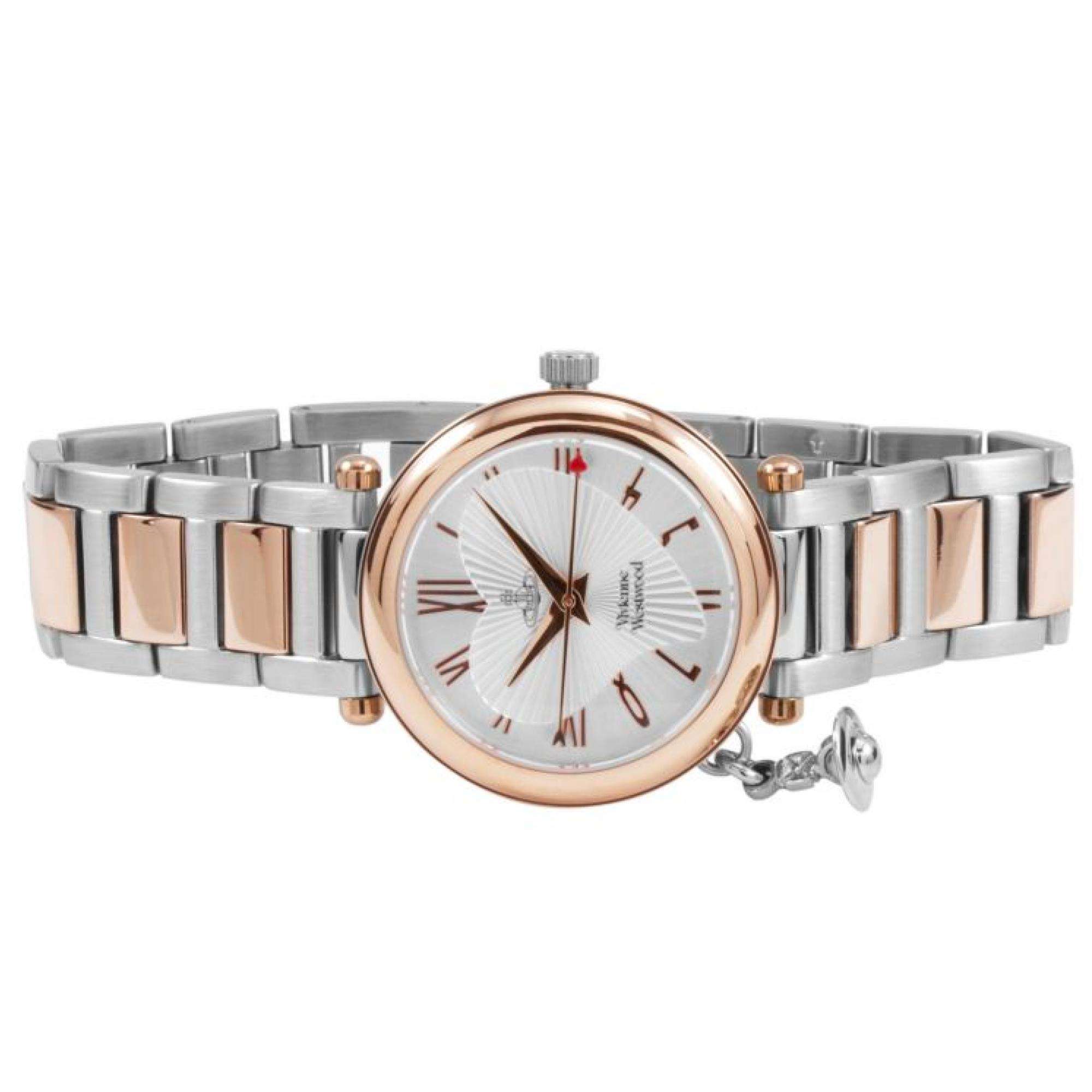 Vivienne Westwood Orb watch at angle displaying rose gold bezel and Roman numeral indices