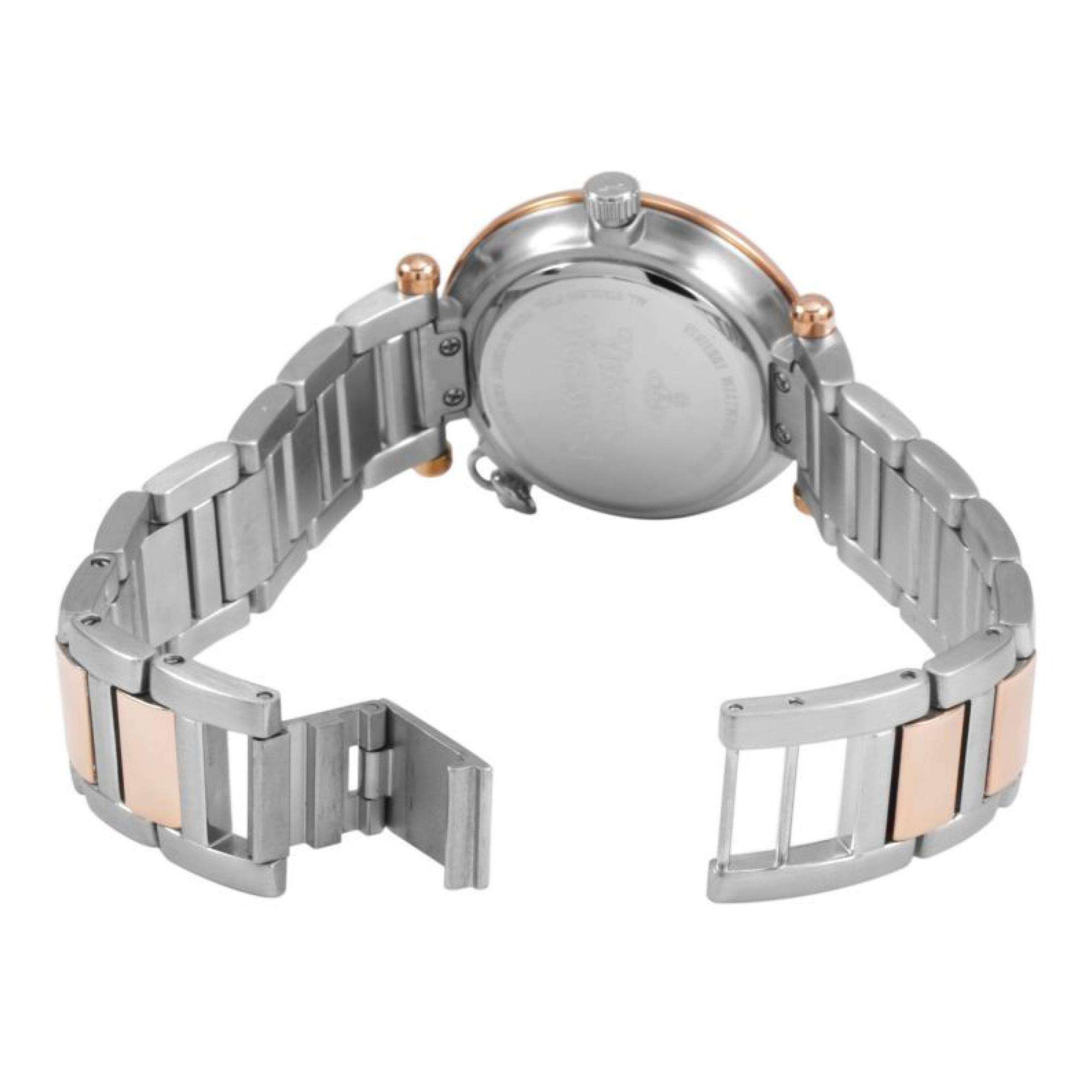 Vivienne Westwood Orb watch caseback showing stainless steel and rose gold two-tone design