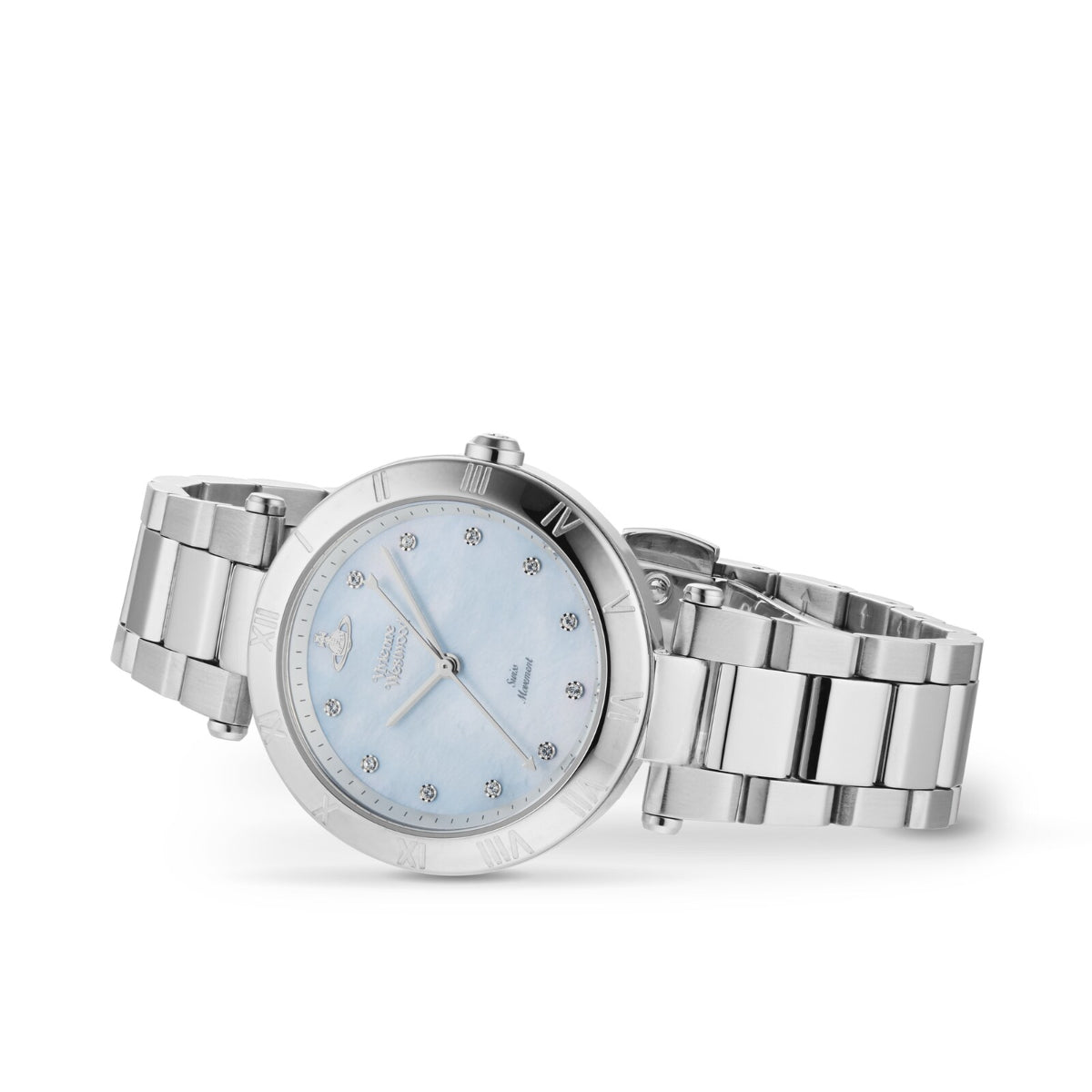 Vivienne Westwood Montagu women's watch with silver bracelet and light blue dial