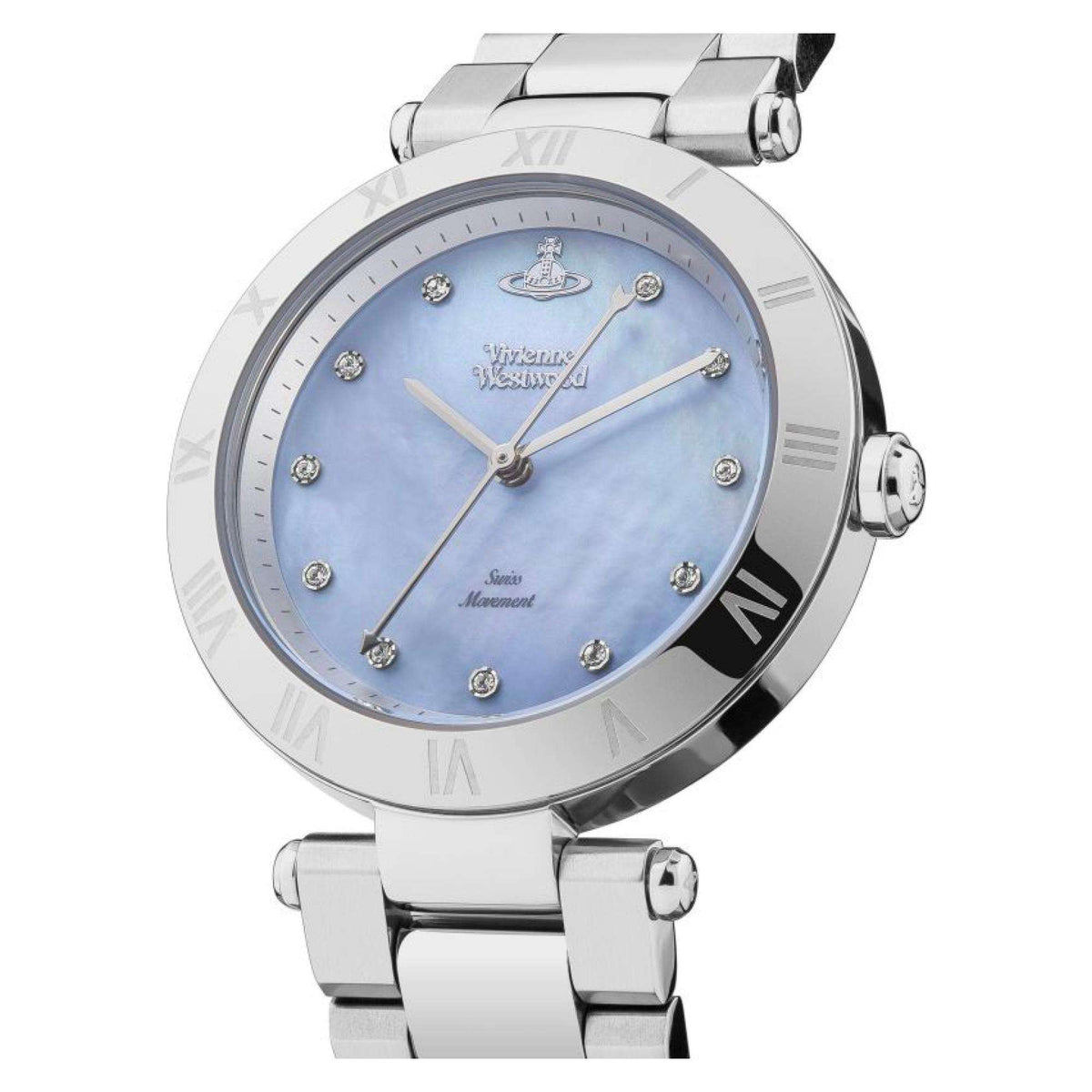 Vivienne Westwood Montagu watch at angle displaying silver case and light blue dial