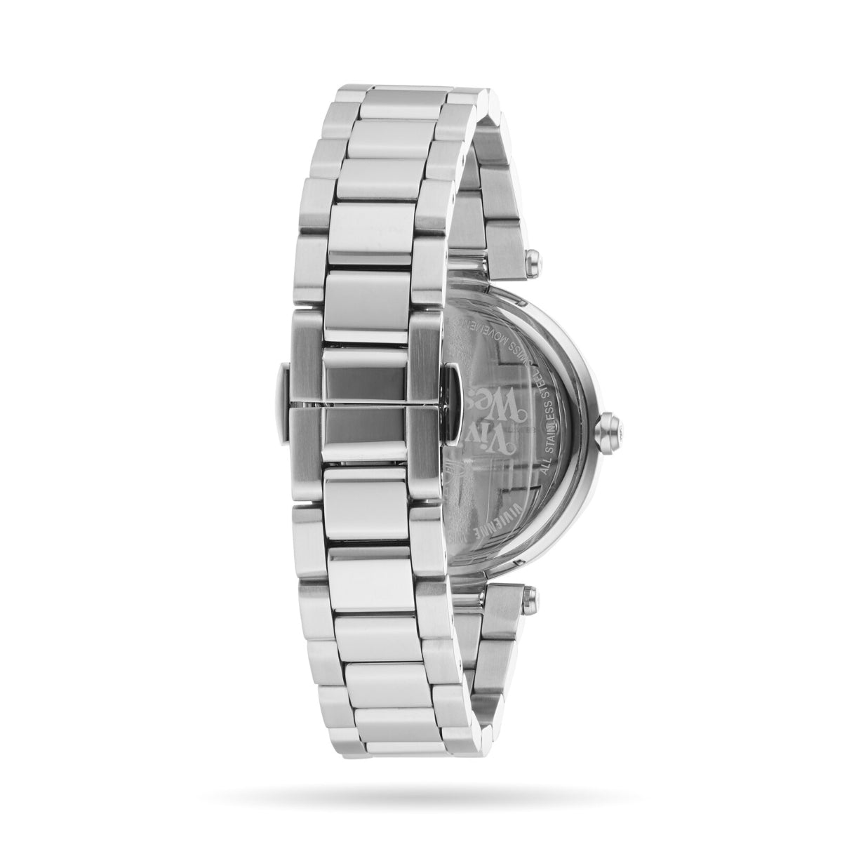 Side view of Vivienne Westwood Montagu watch showing silver bracelet profile