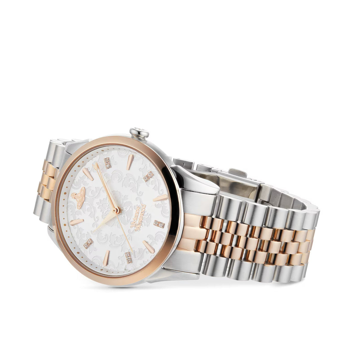 Vivienne Westwood Wallace watch displayed at angle showing two-tone stainless steel and rose gold bracelet