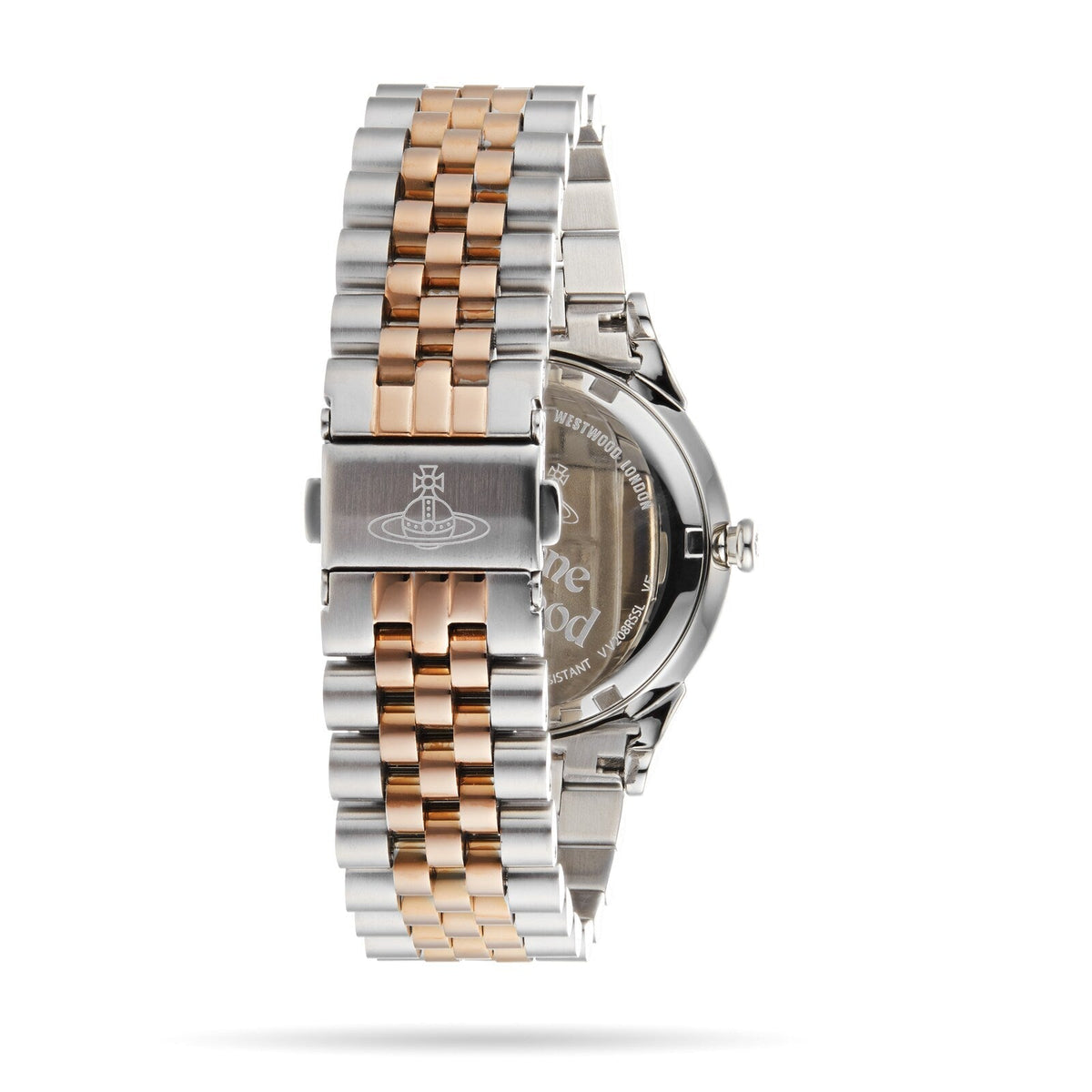 Vivienne Westwood Wallace watch caseback view with two-tone bracelet extended flat