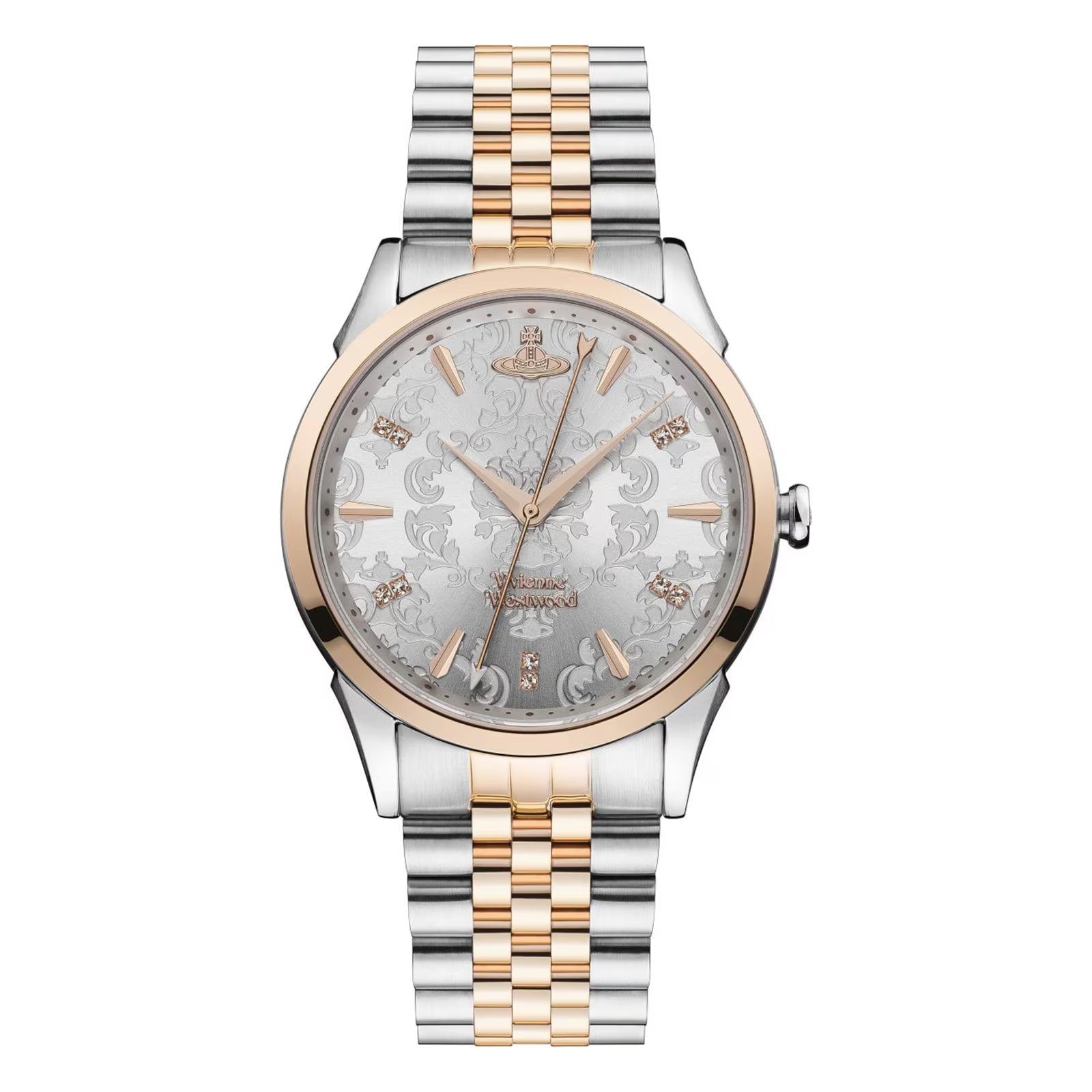 Vivienne Westwood Wallace 37mm stainless steel and rose gold tone ladies watch with mixed metal bracelet and silver dial